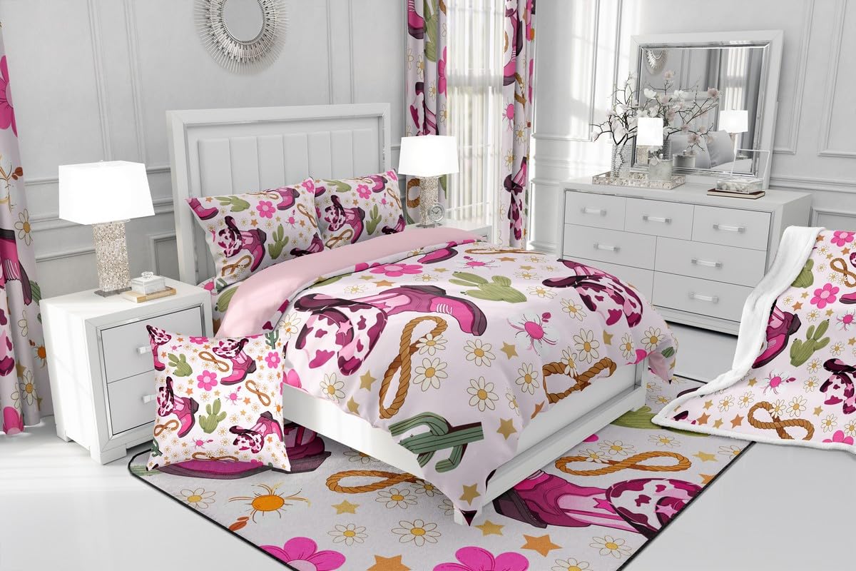 Feelyou Western Kids Comforter Set Full Size Cowgirl Floral Bedding Set Western Cowboy Boots Duvet Quilt for Kids Boys Girls Bedroom Wild West Cactus Flower Decor Light Pink Ultra Soft Breathable
