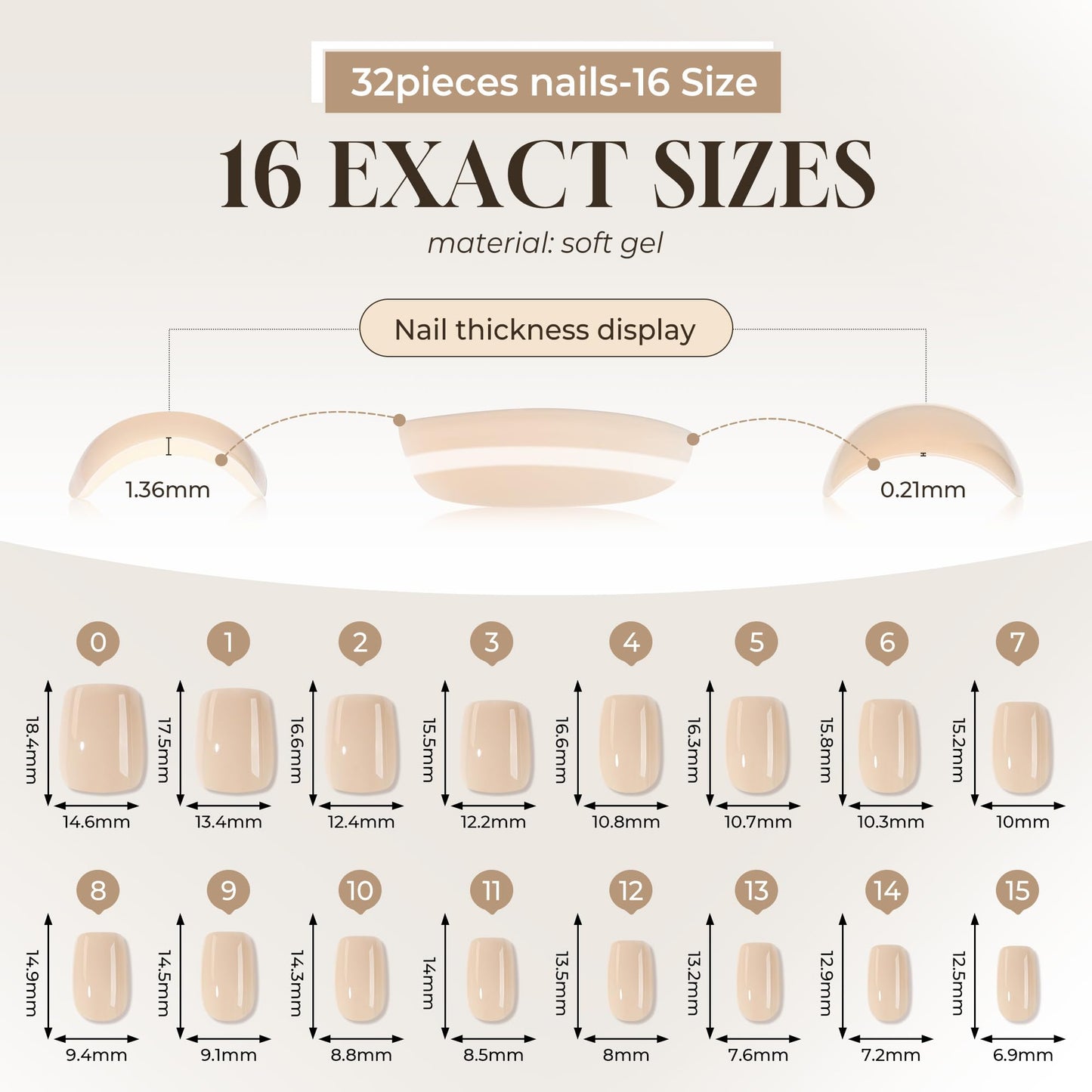 UNA GELLA Short Square Press On Nails: Nude Soft Gel Press Ons Short with Nail Glue, 16 Sizes - 32 Reusable Fake Nails Kit, Skin Tone Nude