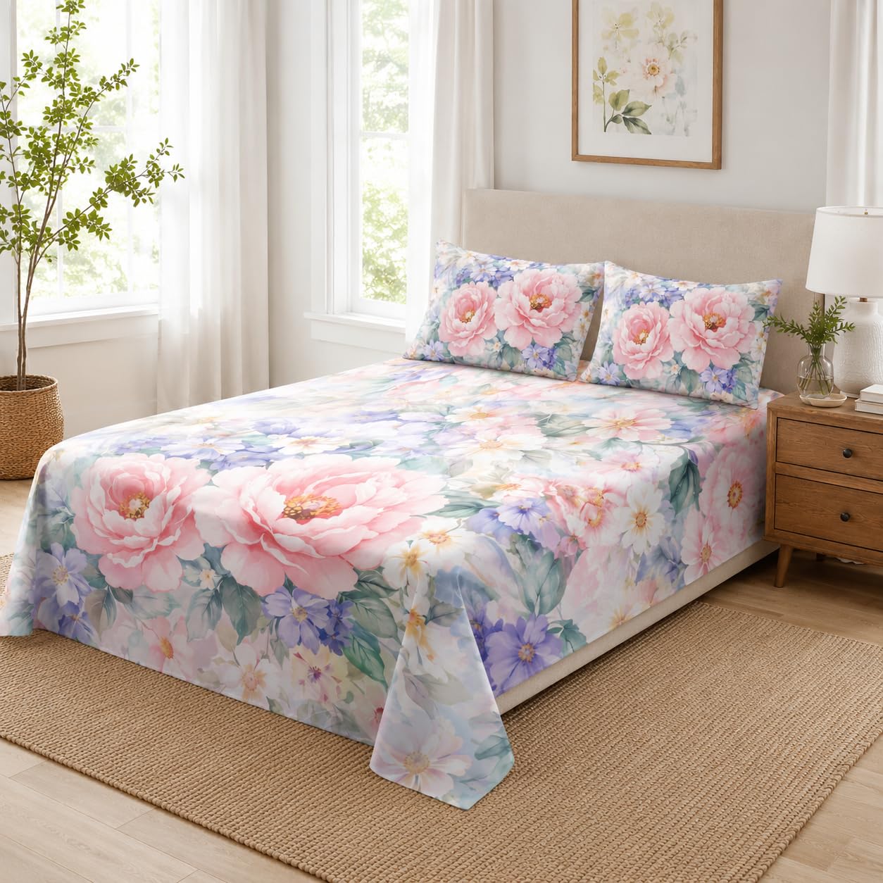 YIYEA Queen Sheet Set, Luxury 1800TC Hotel Quality Double Brushed Microfiber Floral Bed Sheets for Queen Size Bed, Ultra Soft, Deep Pocket, Shrinkage and Fade Resistant, 4PC, Queen