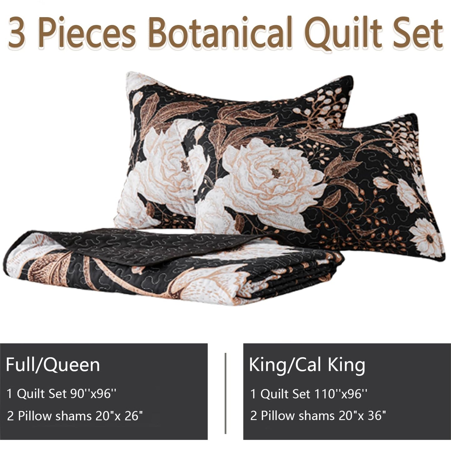 Yogeneg Full Queen Size Quilt Set,White Gold Floral Botanical Pattern Black Bedding Set,3 Piece Lightweight Soft Summer Bedspread Coverlet with 2 PIillow Sham for All Season(Black Floral,90"x96")