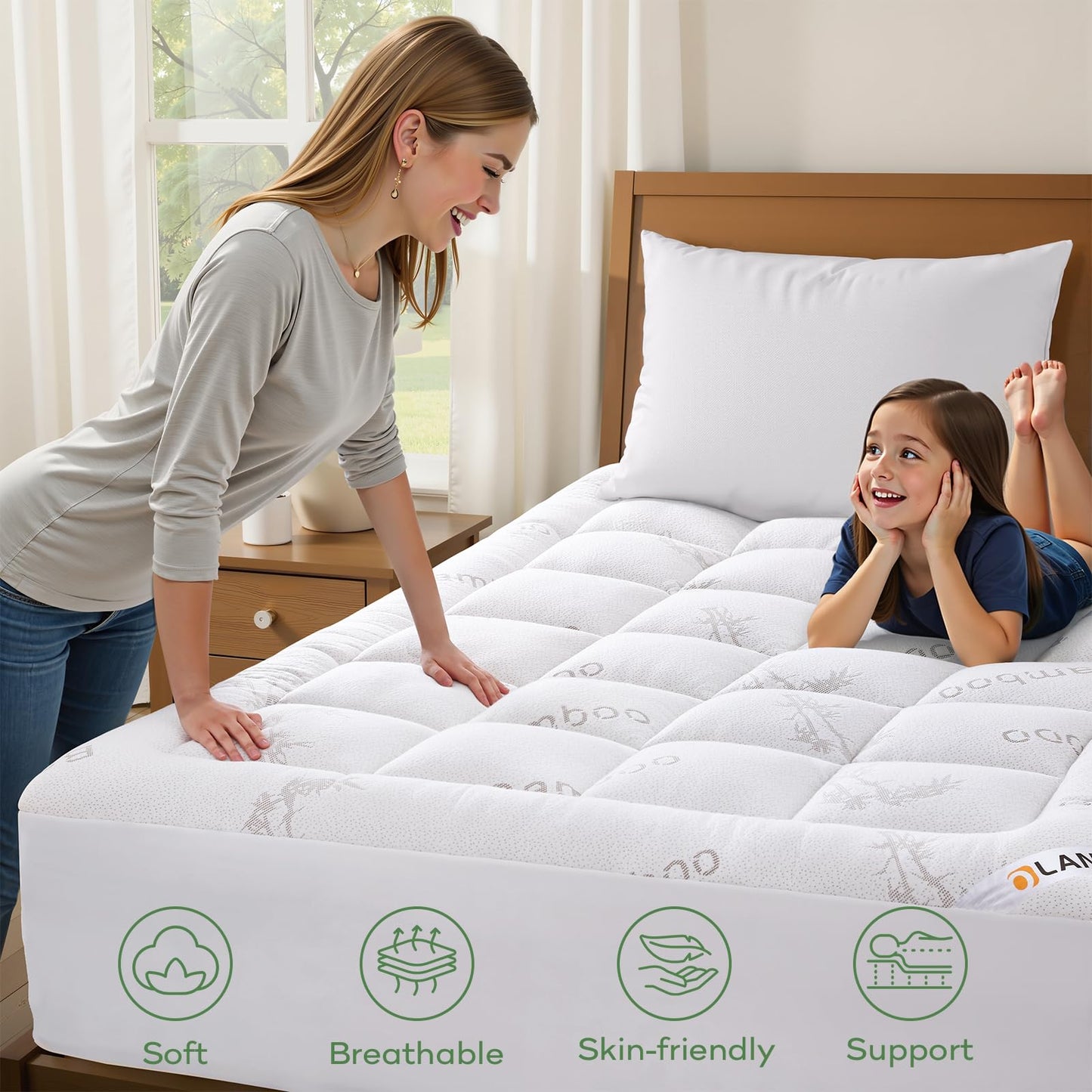 OLANLY King Mattress Topper, Bamboo Viscose Cooling Pillow Top Mattress Pad, Soft Plush Down Alternative for Firm Mattress, Back & Hip Pressure Relief, Machine Washable, Deep Pocket, White