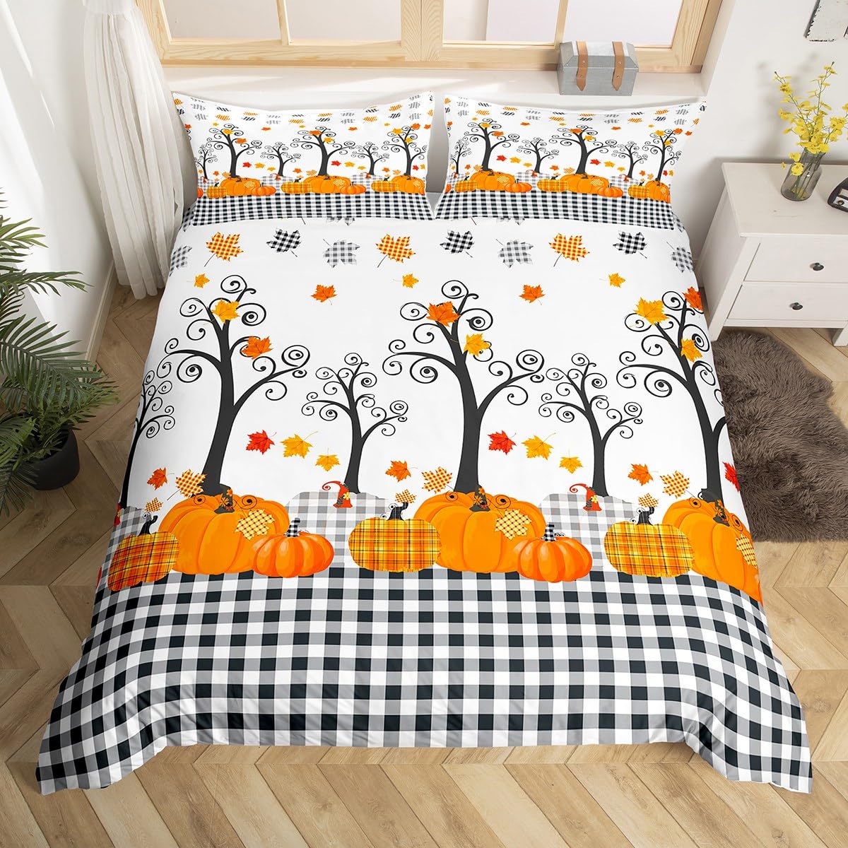 Pumpkin Autumn Duvet Cover Set King Size,Kids Adults Bedroom/Farm Halloween Decor,Black White Plaid Bedding Set,Maple Trees Fall Leaves Comforter Cover,Rustic Orange Quilt Cover,3pcs,2 Pillowcases