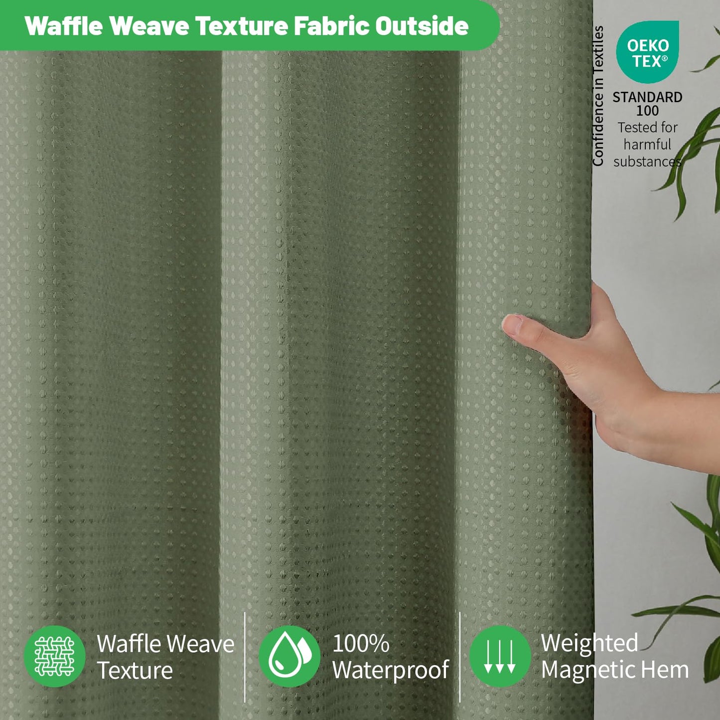 No Hook/Liner Waffle Shower Curtain, Waterproof, 71x74 Inch Sage Green