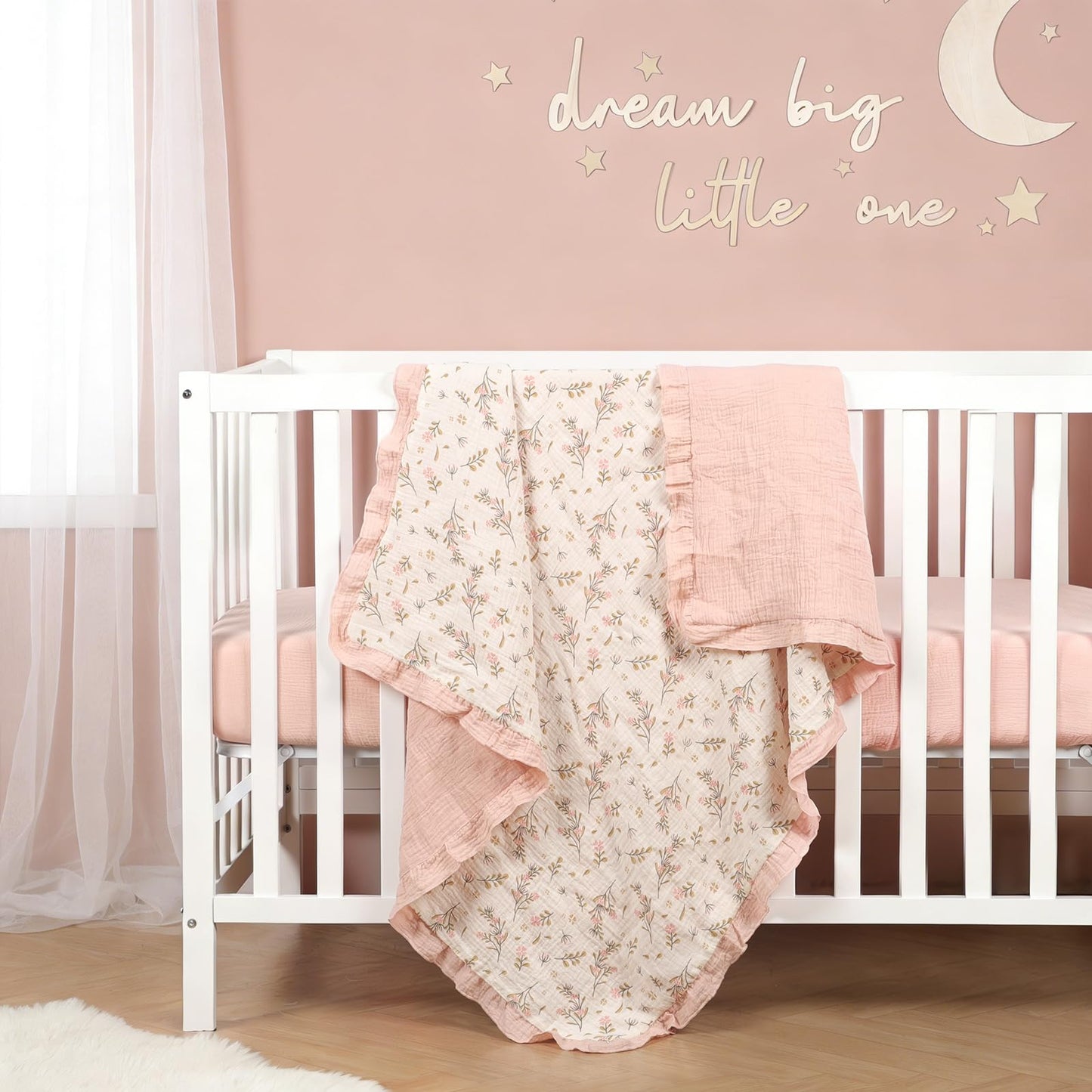 Organic Baby Blanket Flounce Edge Large 50"x43" Floral, 100% Muslin Cotton Super Soft Breathable Toddler Quilt Crib Blankets Gender Neutral for Baby Boys and Girls Bassinet, Bed, Stroller & Snuggling