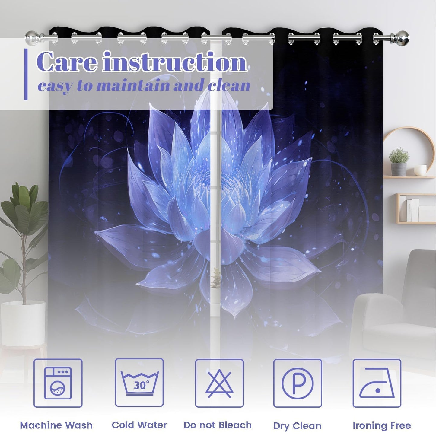 soeeao Royal Blue Lotus Blackout Curtains, Black and Navy Blue Lotus Flower Window Drapes for Bedroom Living Room, 84 inch Length 2 Panels Set, 52x84 inch