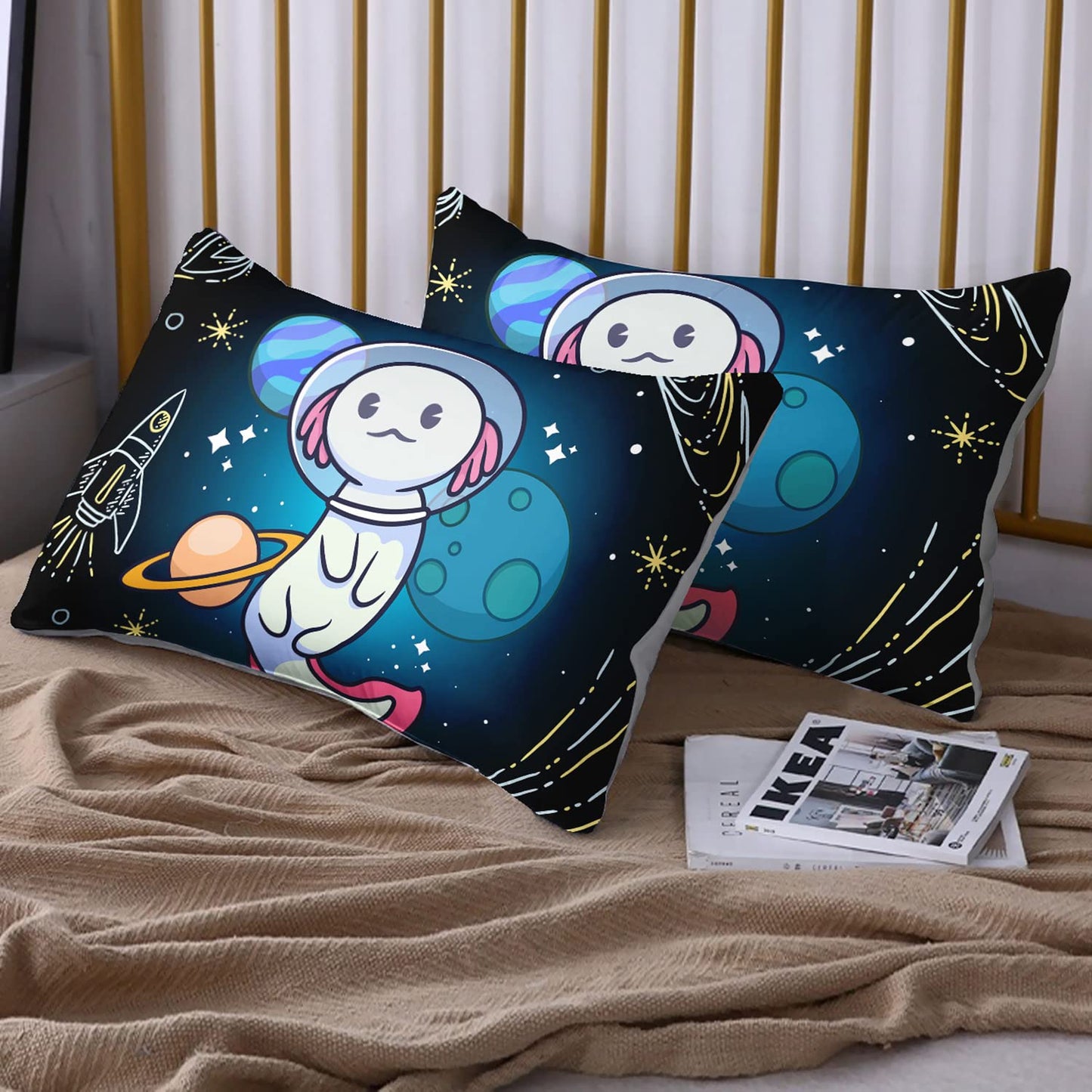 HOSIMA Axolotl Bedding Set for Kids Bedroom Decor, Space Cartoon Pattern Kawaii Wildlife Animals Reptile Toddler Twin Size Fitted Sheet With 2 Pillowcases