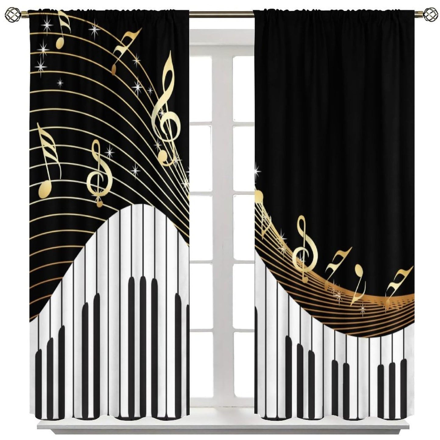 Black White Music Curtains,Abstract Piano Key Musical Notes Art Pattern Drapes Window 2 Panel Rod Pocket Curtain for Bedroom Living Room Decor 41" W X 45" L 30%