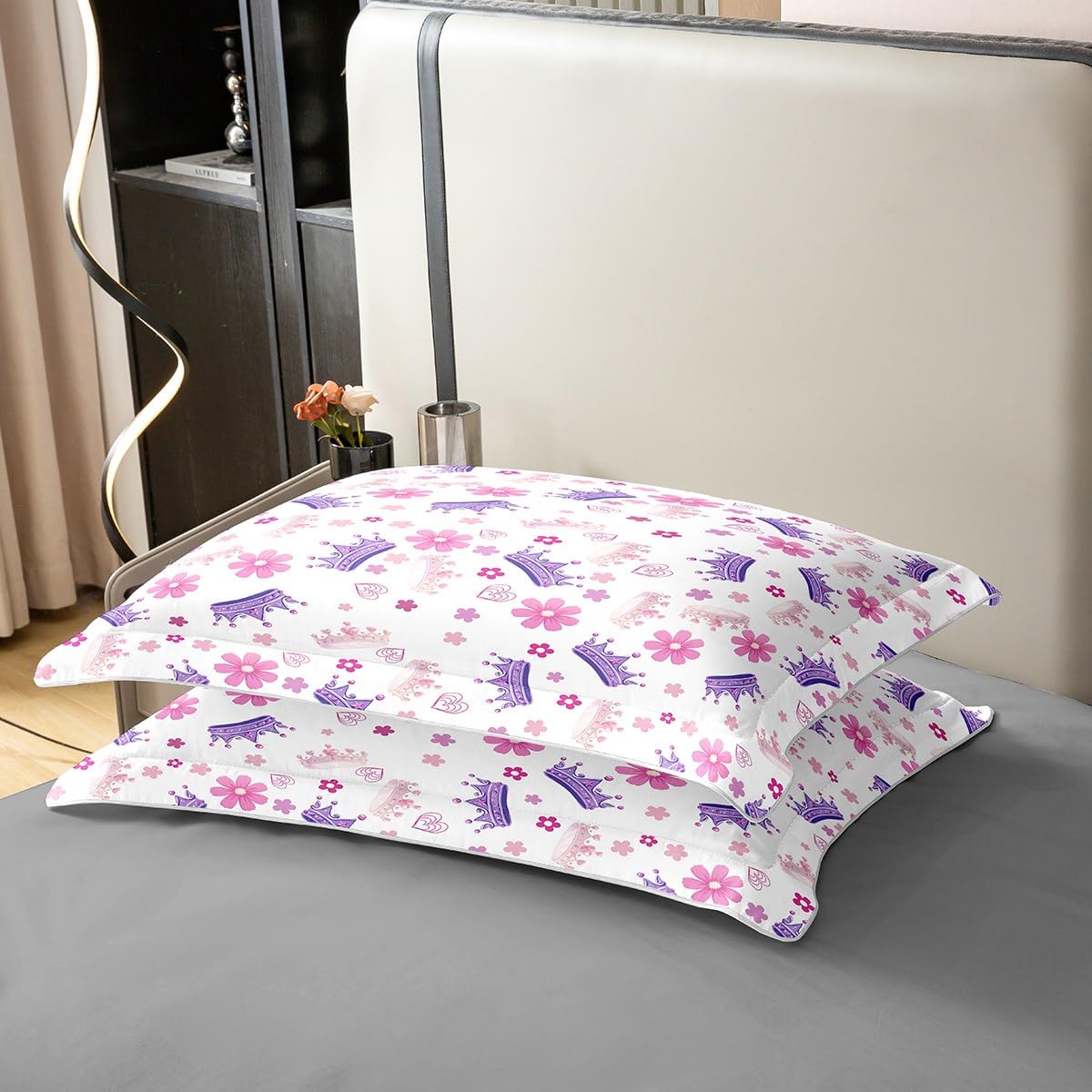 Manfei Princess 100% Cotton Duvet Cover Set Twin Size, Pink Purple Crown Print Bedding Set 2pcs, Cute Flower Girly Cartoon Quilt Cover, Kids Girls Room Decor, 1 Pillowcase,No Comforter