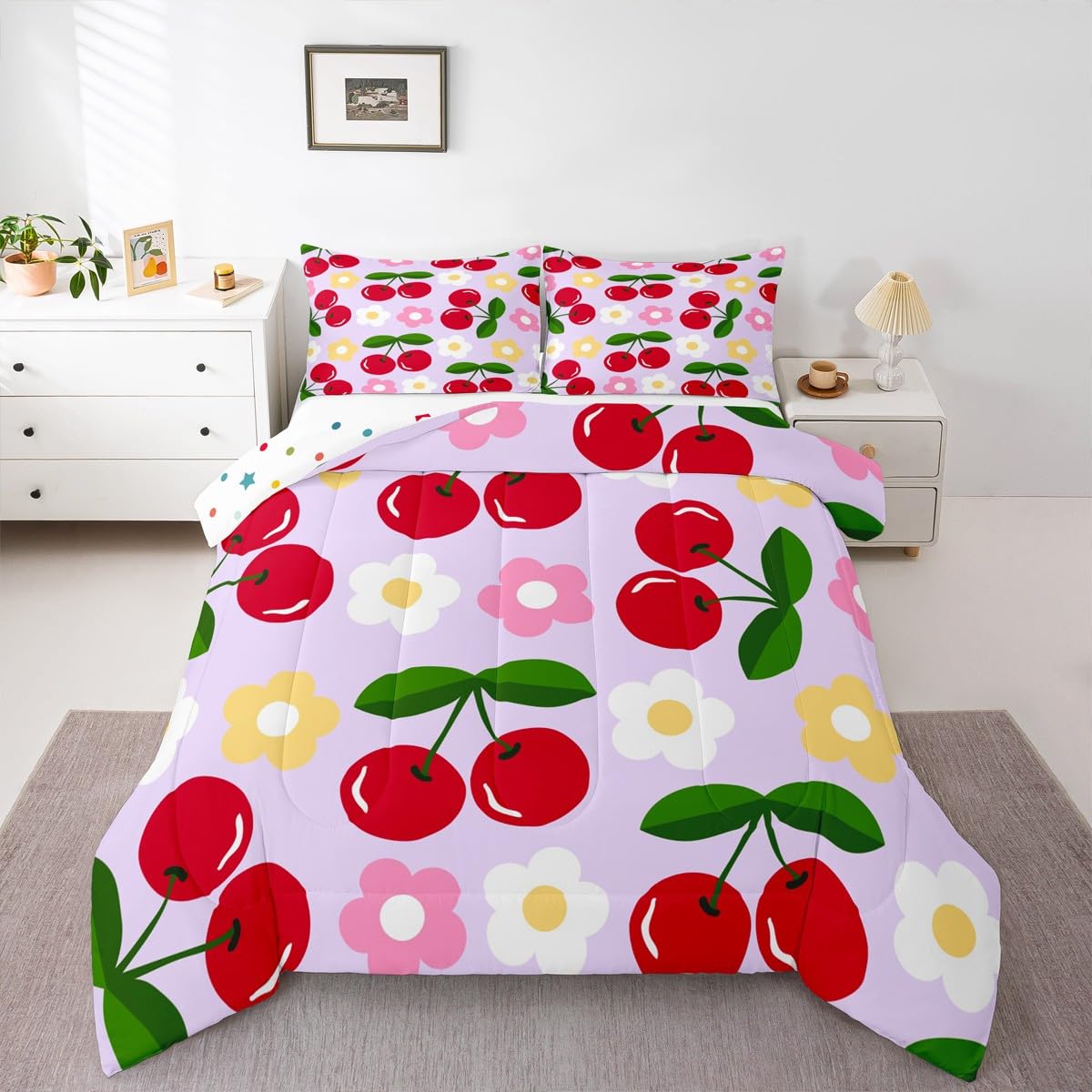 Red Cherry Kids Comforter Set Twin Size,Cartoon Flowers Tropical Fruits Rustic Bedding Set,Girls Princess Room Decor,Modern Fashion Coqueta Down Comforter,Purple Bright Duvet Insert,1 Pillowcase
