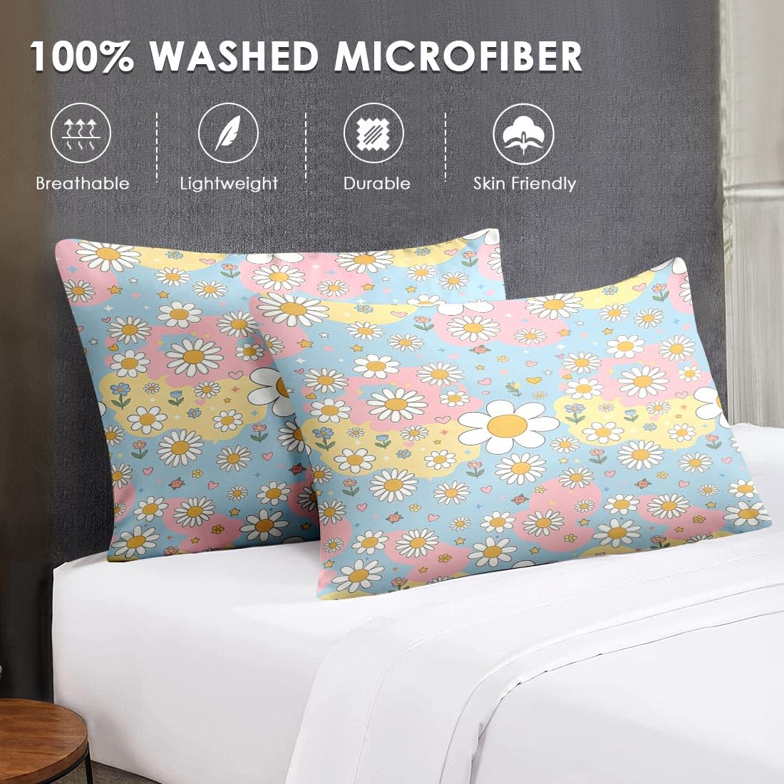 WeCozy 5 Pcs Twin Size Comforter Set with Pillowcase & Sham, Daisy Floral Bedding Set for Kids and Adults, Retro Hippie Whimsical Bed in a Bag with Flat Sheet and Fitted Sheet