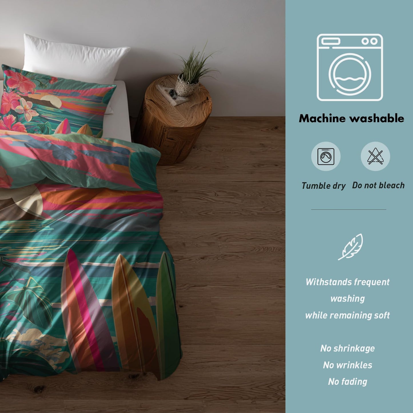 Tropical Beach Full Duvet Cover Set 3 Piece, Hawaiian Hibiscus Surfboard Reversible Bedding with 2 Pillow Shams, Zipper & Ties, Ultra Soft Microfiber, Tropical Bedroom Decorations 29A-W