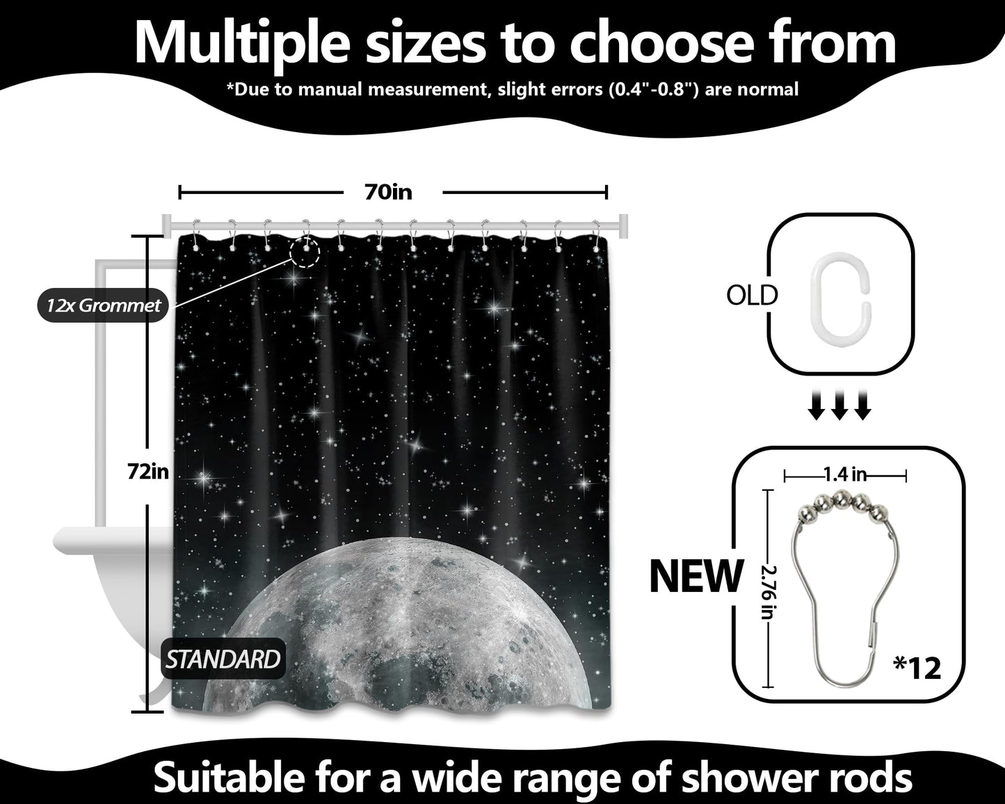 Tonmue Star Moon Shower Curtain Space Night Sky Galaxy Black and White Shower Curtains for Bathroom Decor, Waterproof Cloth Fabric with Hooks 70" W x 72" L