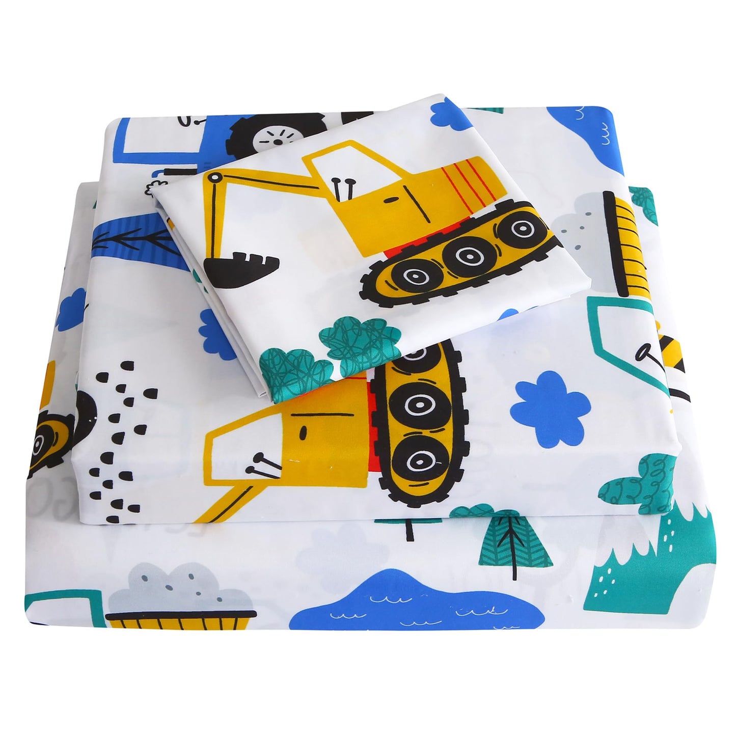 Softan Kids Twin Sheets Set, 3 Piece Construction Truck Bedding Set for Boys, Soft Breathable Microfiber with 15" Deep Pocket, Fitted Flat Sheet & Pillowcase