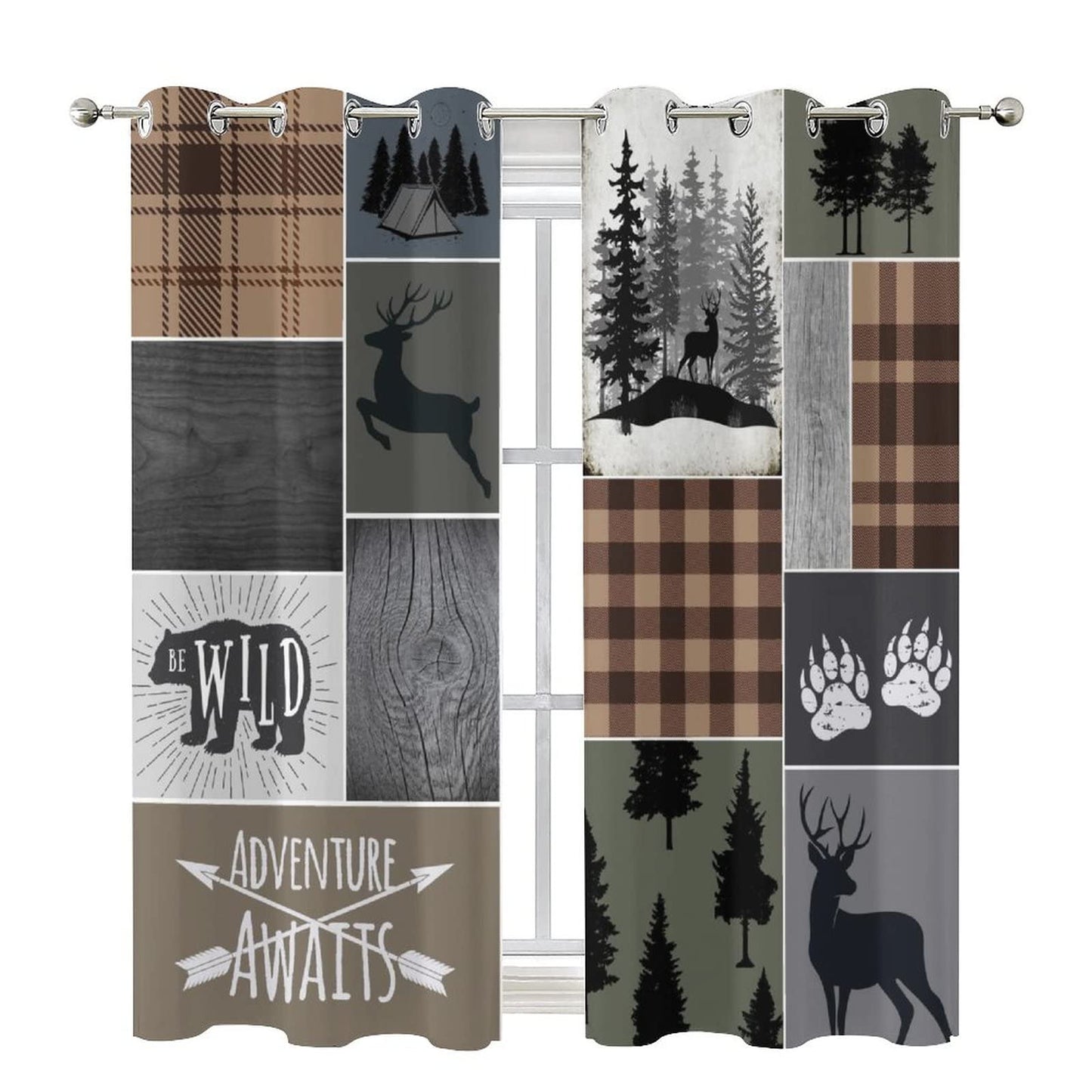 Retro Cabin Bear Deer Room Darkening Blackout Window Curtains with Grommets,Country Farmhouse Hunting Theme Wildlife Plaid Check Lodge Energy Efficient Window Treatment 2 Panels 45L x 21W