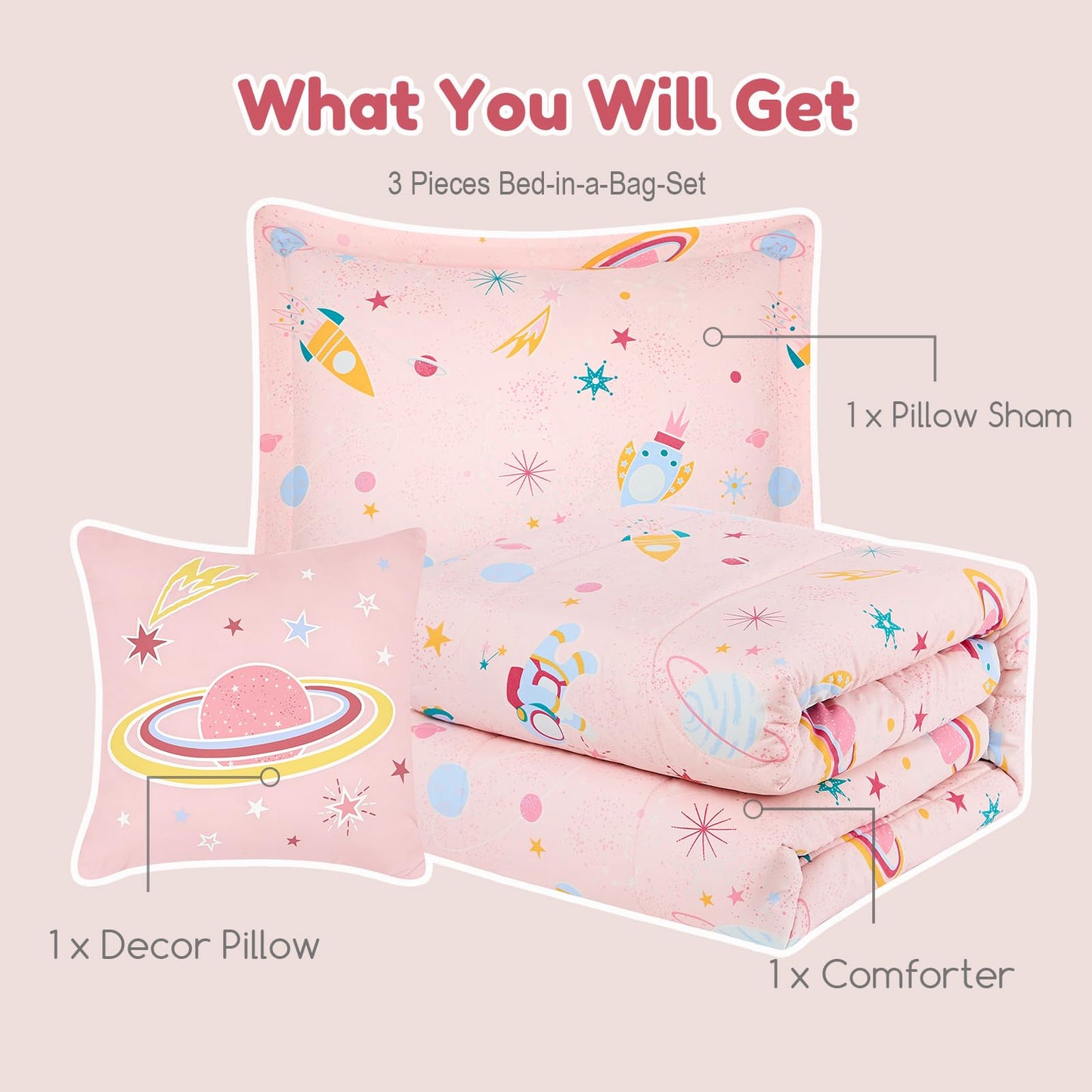 Wink Deer Twin Comforter Set for Girls-3 Pieces Space Glow in the Dark Twin Bedding Sets for Kids,1 Comforter,1 Sham and 1 Decor Pillow