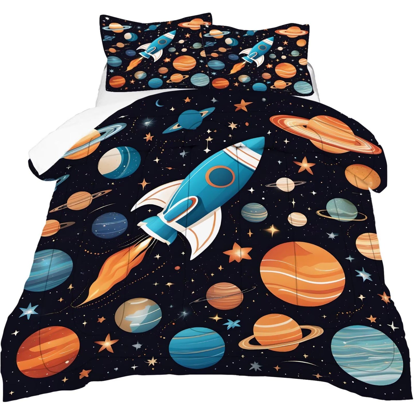 DJNEAR Space Rocket Comforter Set Full Size Galaxy Bedding Sets for Kids Boys Girls Teens Adults Bedroom Universe Stars Planets Quilt 1 Comforter 2 Pillowcases