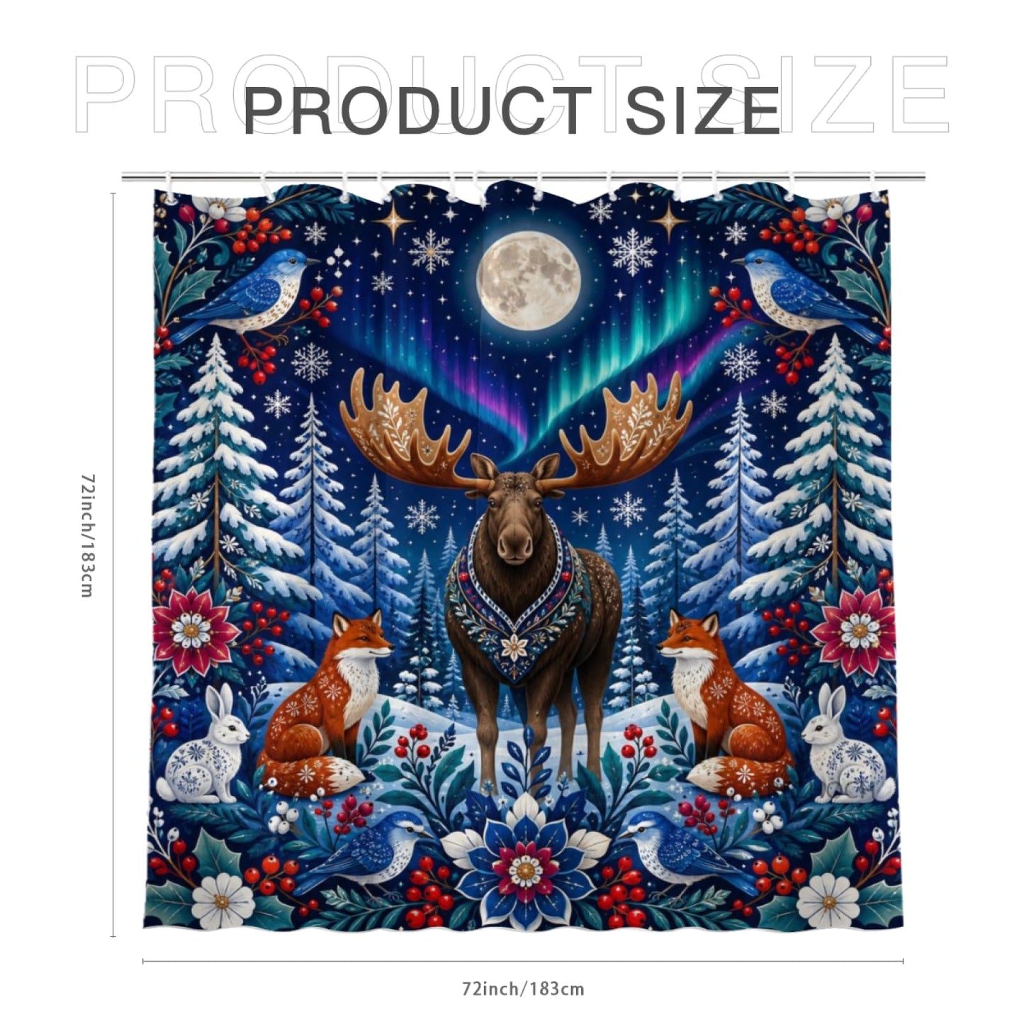 REZHOCH Moose Forest Shower Curtain 72x72 Inch, Aurora Night Moose Fox Rabbit Snowflake Woodland Floral Art Bathroom Decor, Rustic Wildlife Bath Set with Hooks