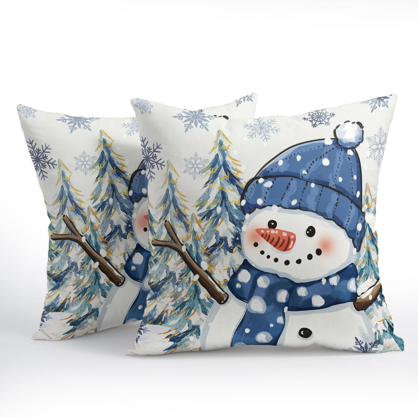 ABSOP Blue Christmas Pillow Covers 18x18 Inch Xmas Snowman Decorative Throw Pillows Set of 2 Winter Snowflake Pillow Cases for Sofa Couch Home Decor