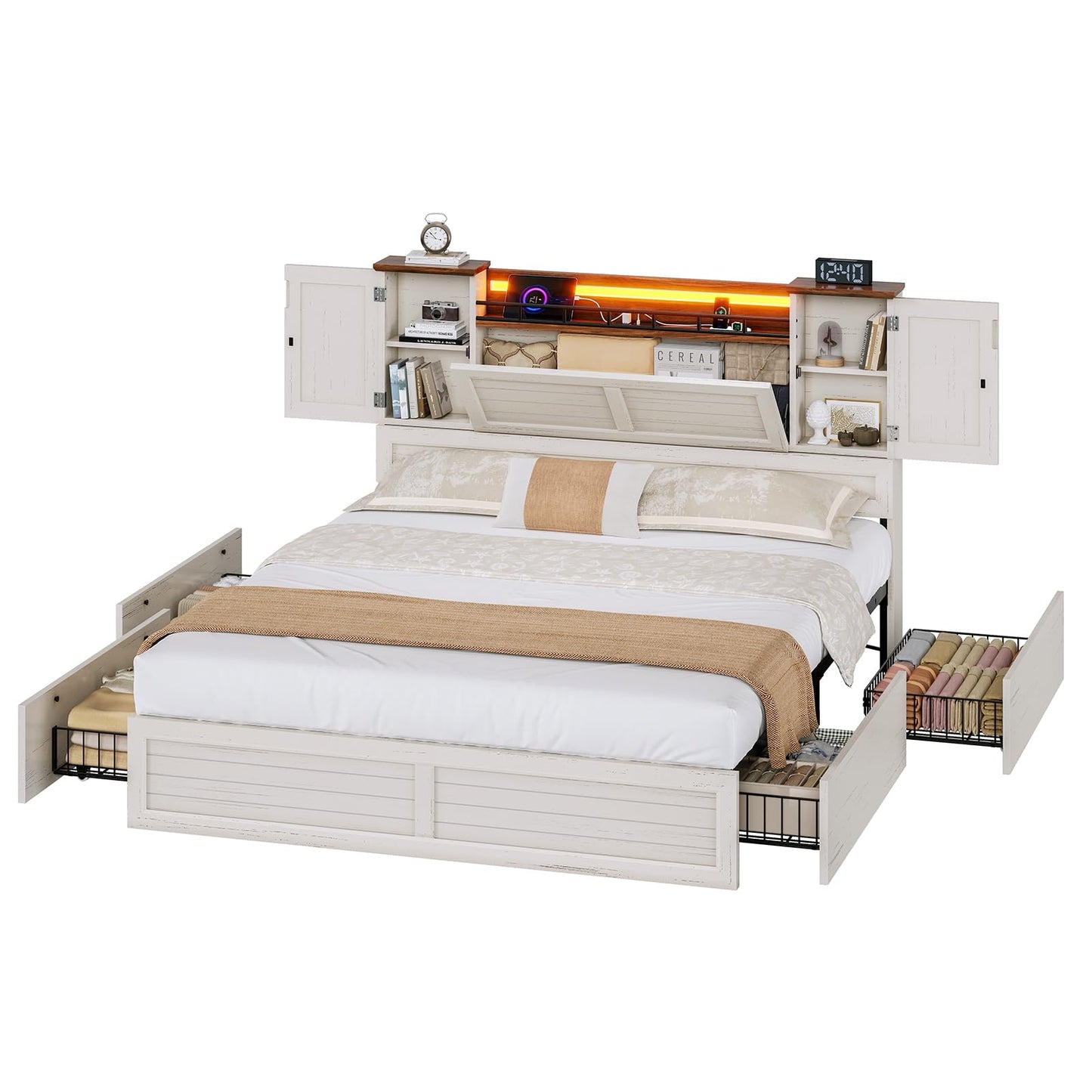 VIAGDO Full Bed Frame with Headboard and Storage Cabinets, Farmhouse Bed Frame Full Size with Charging Station and LED Lights, Wooden Platform Bed Frame with 4 Drawers, No Box Spring Needed, White