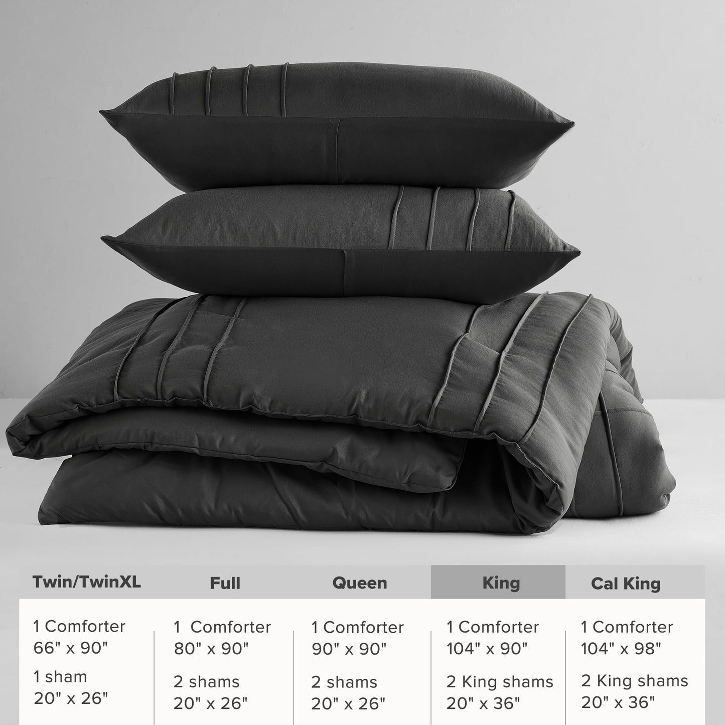 Comfort Spaces Black King Size Comforter Set - 3-Piece Pintuck Pleated Bedding Set, All Season Lightweight, Extra Soft Pre-Washed Microfiber, Shams