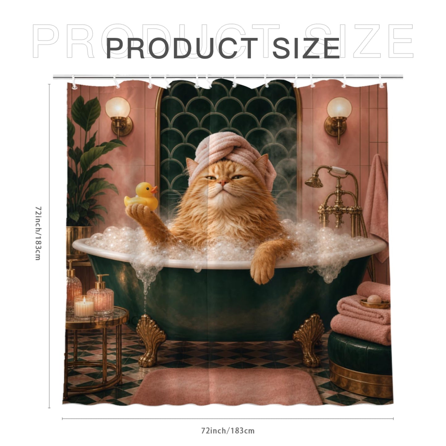 REZHOCH Funny Cat Shower Curtain 72x72 Inch Orange Kitty Bubble Bath Pink Green Luxury Bathroom Rubber Duck Cute Animal Decor Bath Set with Hooks