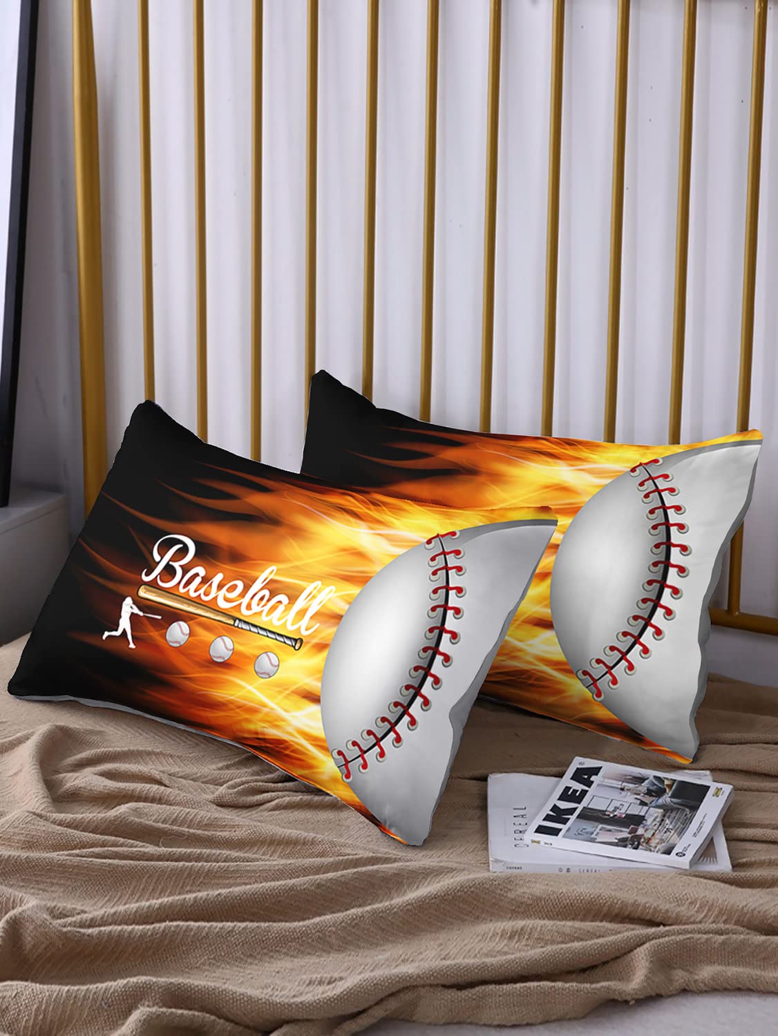 HOSIMA Kids/Teens Sports Baseball Bedding Set,Soft Microfiber Baseball Black Bedroom Fitted Sheet Full Size for Kids Teen Girls Boys Room Decor,1 Fitted Sheet+2 Pillowcases.