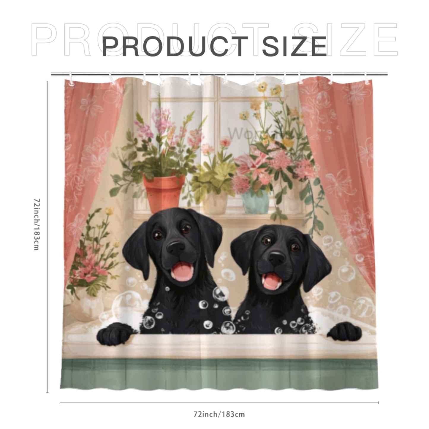 Wordatu Cute Black Labrador Dog Shower Curtain Cute Hilarious Animals Puppy Wooden Window 72x72 Inch Floral Flowers Bubbles Leaves Botanical Fabric Decor Bathroom Polyester Waterproof