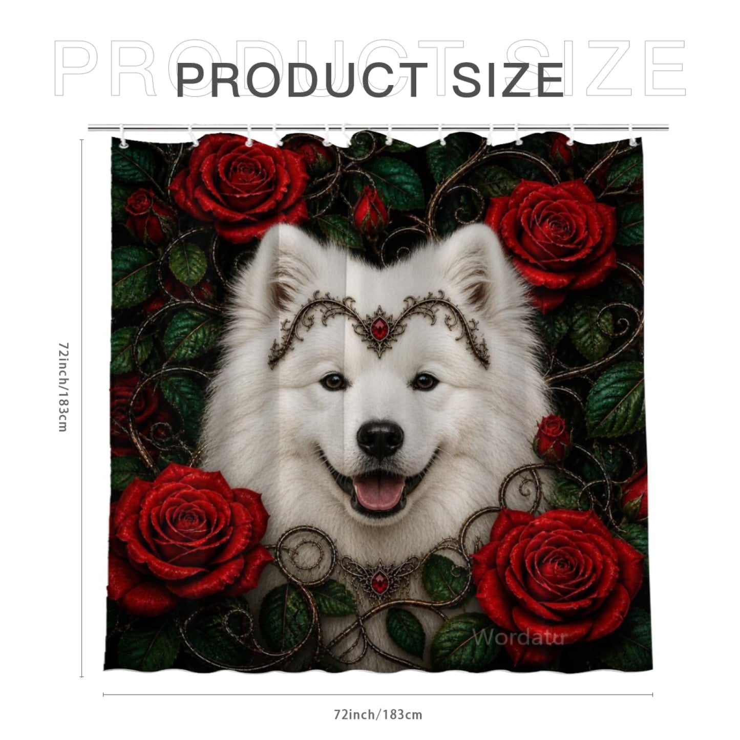 Wordatu Spring Summer Samoyed Red Rose Shower Curtain, Bathroom Decor Fabric Polyester Waterproof 12 Hooks 72Wx72H Inch for Bathtub and Bathroom