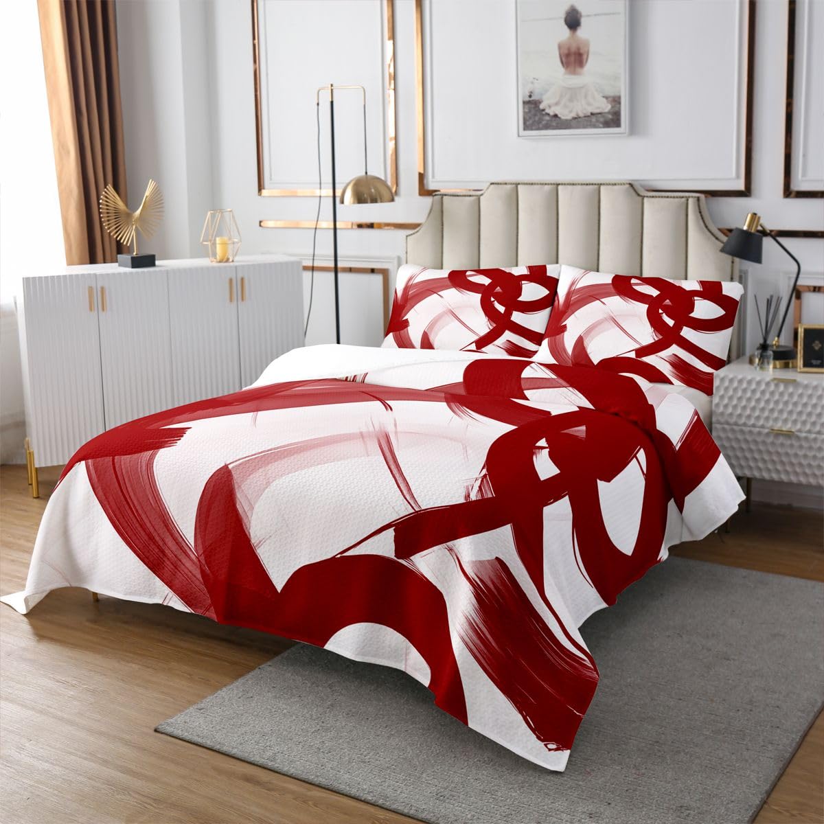 jejeloiu Red and White Striped Bedspread 2 Pieces Twin Size Modern Abstract Coverlet Set Soft Cozy Geometric Aesthetic Lightweight Quilted Coverlet for All Season with 1 Pillowcase
