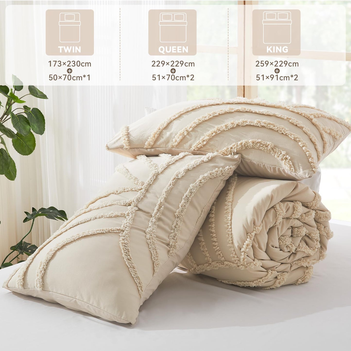 ENJOHOS Boho Comforter Set 3PC, Full Size, Beige, Dorm Bedding Sets for College Girls, Tufted Rainbow Design, Fluffy Lightweight Breathable Microfiber Comfoter