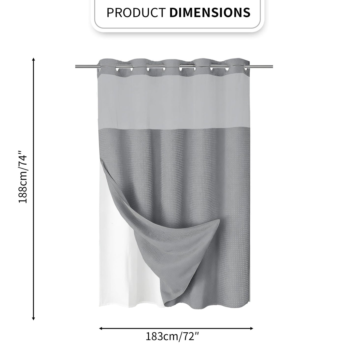 Yiwshcut No Hook Shower Curtain with Grey Sheer Top Window and Inner Liner, Raised Dots Waffle Weave Fabric Shower Curtain, Waterproof Washable Polyester Bath Curtain, Hotel Style, Grey, 72 x 74 Inch