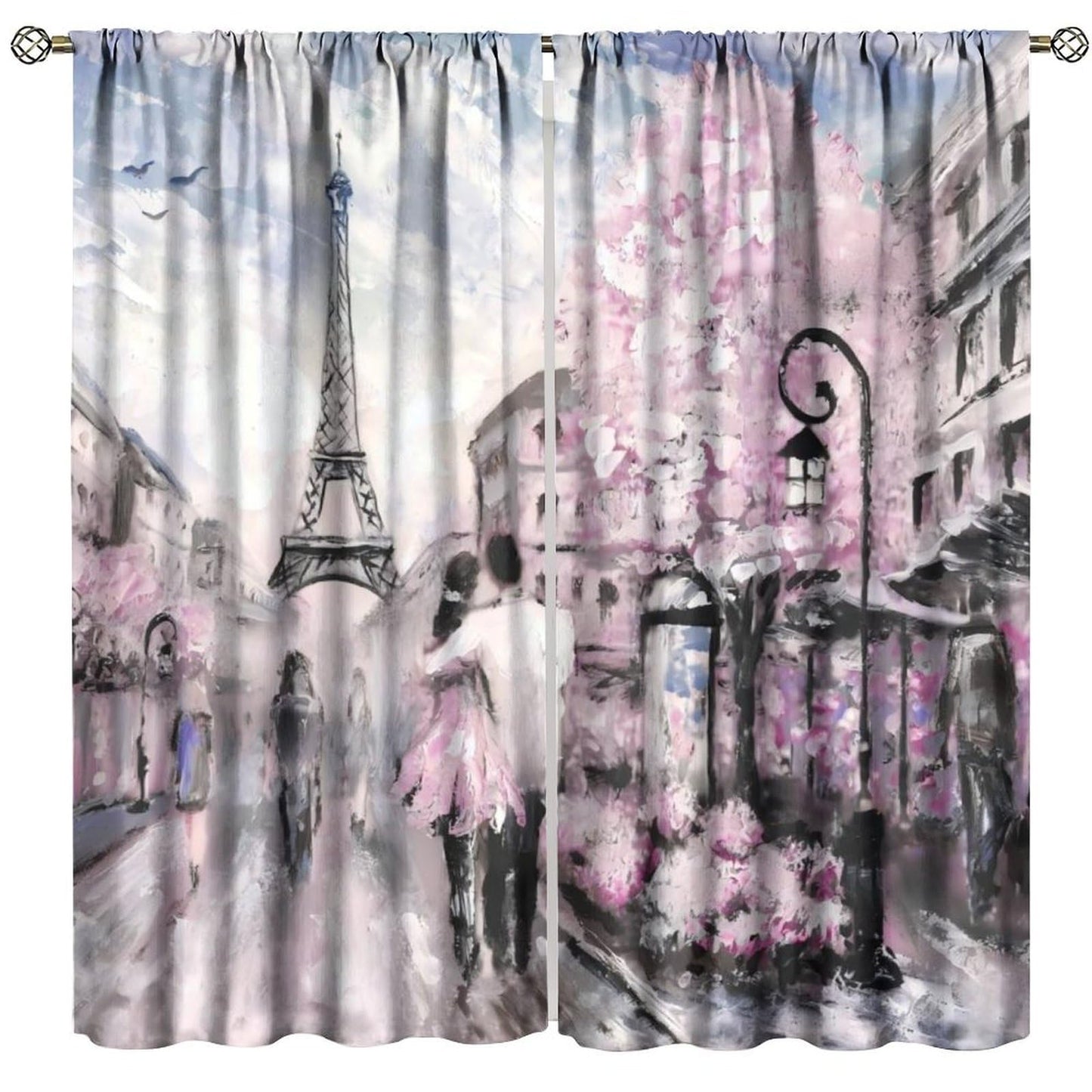 French Eiffel Tower Curtains Paris City Architecture Pink Themed Romantic Decor Oil Painting Style Rod Pocket Window Treatments For Living Room Girls Women Bedroom 2 Panels Set 41" x 45" (No Blackout)