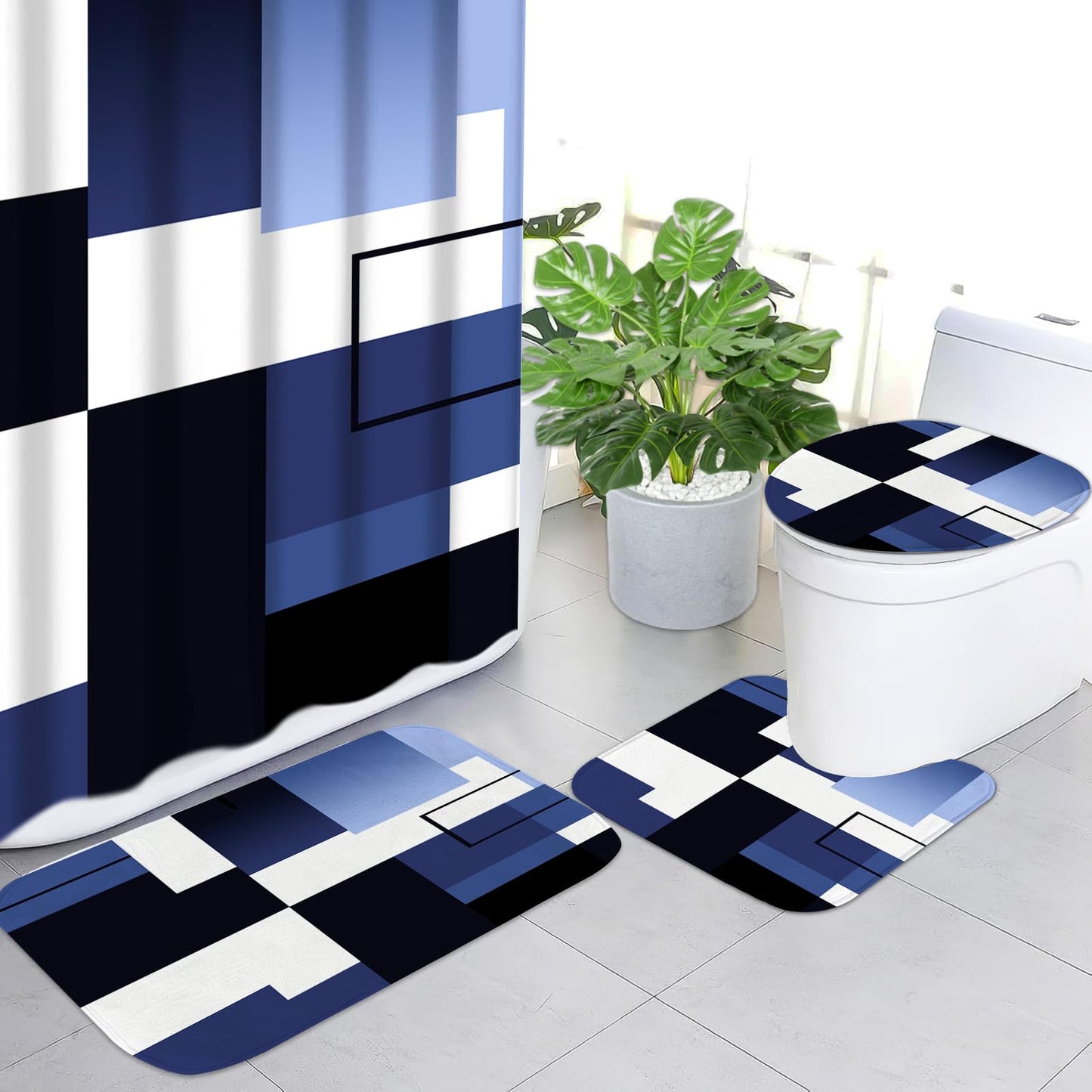 KINUUIS 4 Pcs Navy Blue Geometric Bathroom Shower Curtain Sets with with Toilet Lid Cover and Non-Slip Rugs,Navy Blue Bathroom Decor Sets with Shower Curtain and Rugs for Bathroom