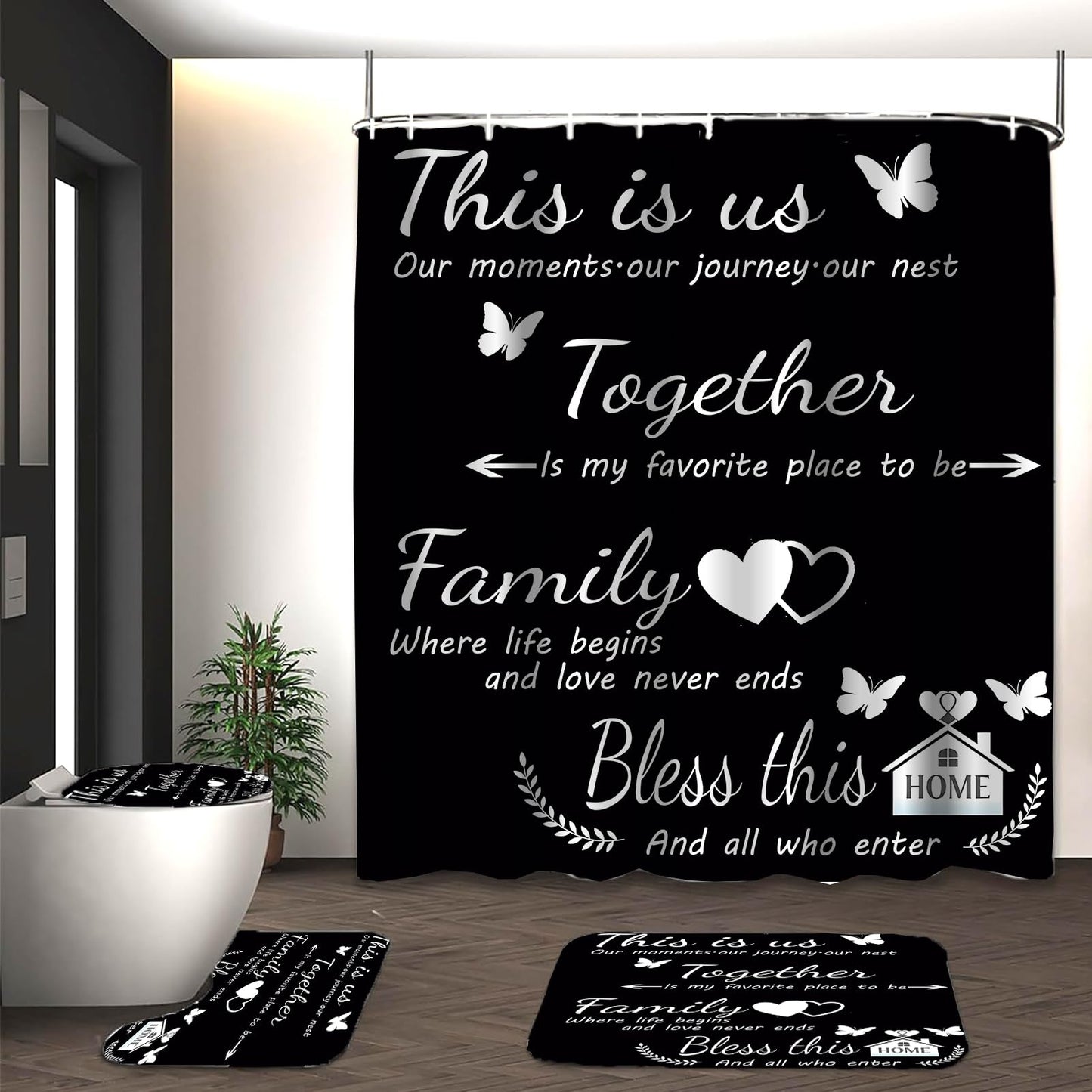 NEWSUYAA Black Bathroom Shower Curtain Set with Family Quotes,4 Pcs Home Inspirational Bath Decor with Non-Slip Bath Mat, Toilet Lid Cover & U-Shape Rug, Modern Farmhouse 72x72 Inch with Hooks