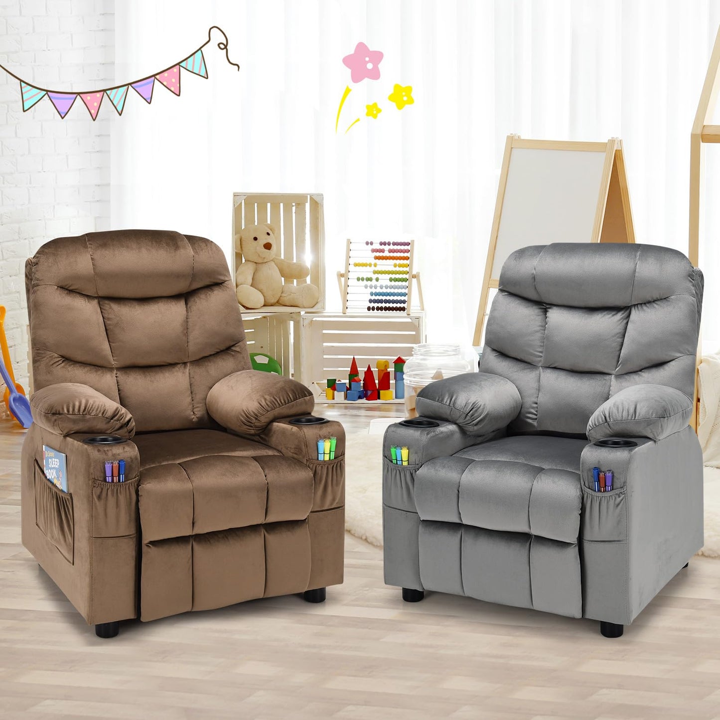 CHEFJOY Kids Recliner, Kids Recliner Chair w/ 2 Cup Holders, Velvet Fabric Chairs Comfy w/Adjustable Backrest & 3 Pockets, Toddler Furniture Sofa for Boys Girls Aged 3+