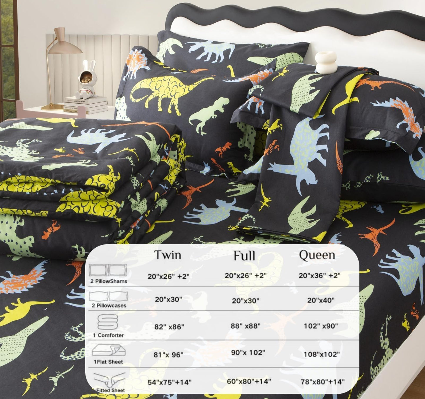 SDY 7PCS Twin Dinosaur Bedding Set,Soft Dino Bedding for Kids,Boys and Girls with Dinosaur 1Comforter 1FittedSheet 1FlatSheet 2Pillowcases 2PillowShams