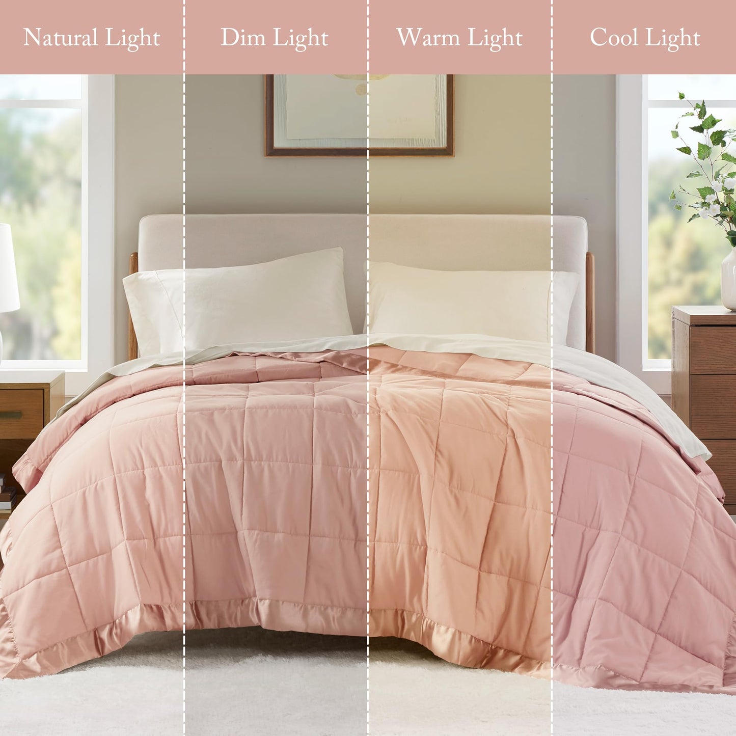 Madison Park Windom Down Alternative Blanket, Premium 3M Scotchgard Moisture Wicking Treatment, Lightweight and Soft Bed Cover For All Season, Satin Trim, Blush Twin