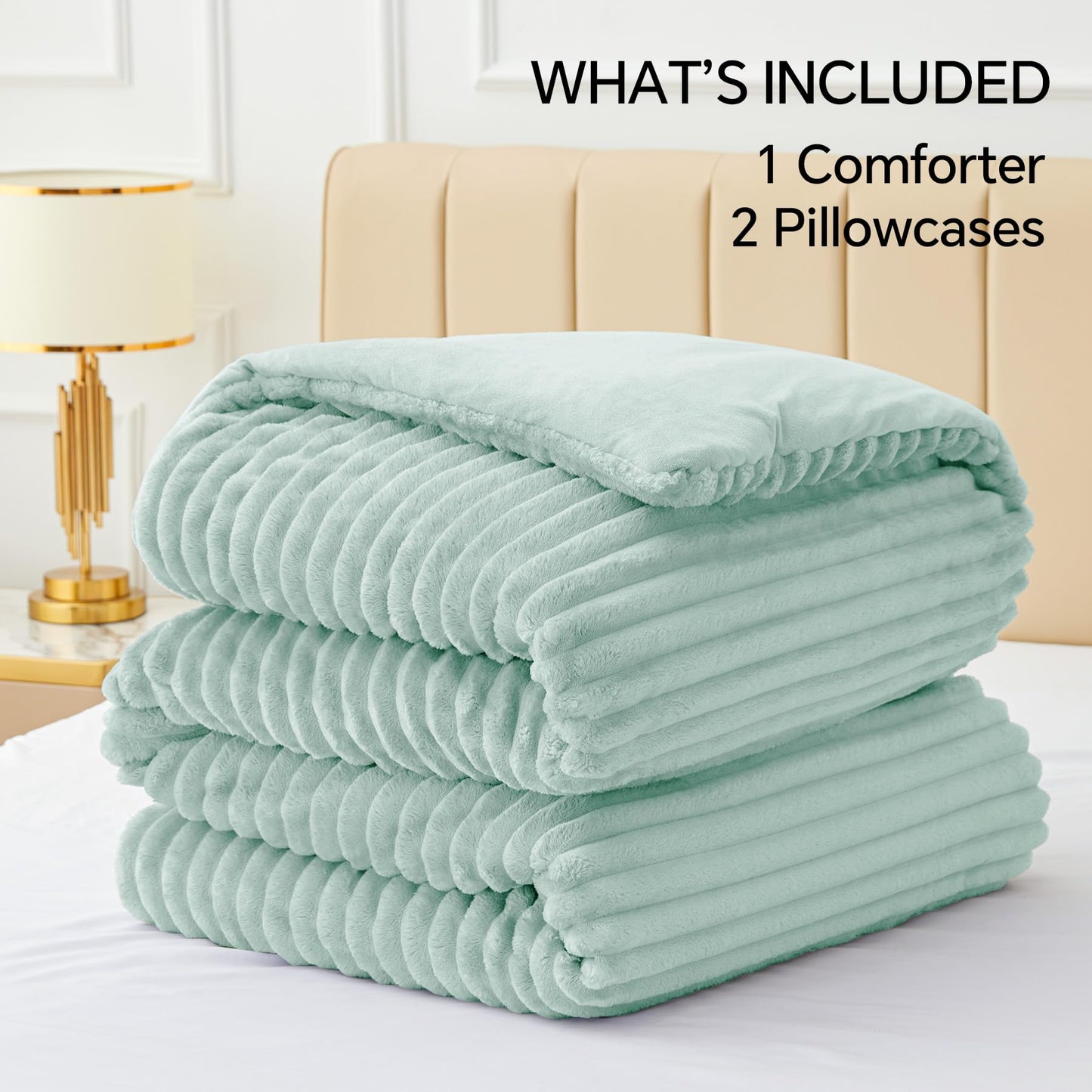 BEDELITE Fleece Queen Comforter Set -Super Soft & Warm Fluffy Light Green Bedding, Luxury Fuzzy Heavy Bed Set for All Season with 2 Pillow Cases