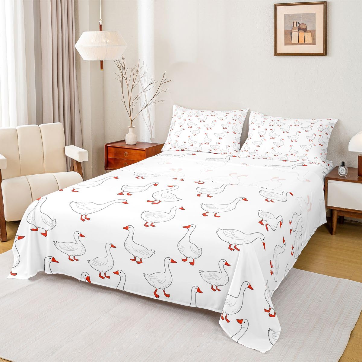 Erosebridal Cartoon Goose Bed Sheets Set Full Kawaii Animal Sheet Set Cute White Geese Sheets Cute Funny Flat Fitted Sheet