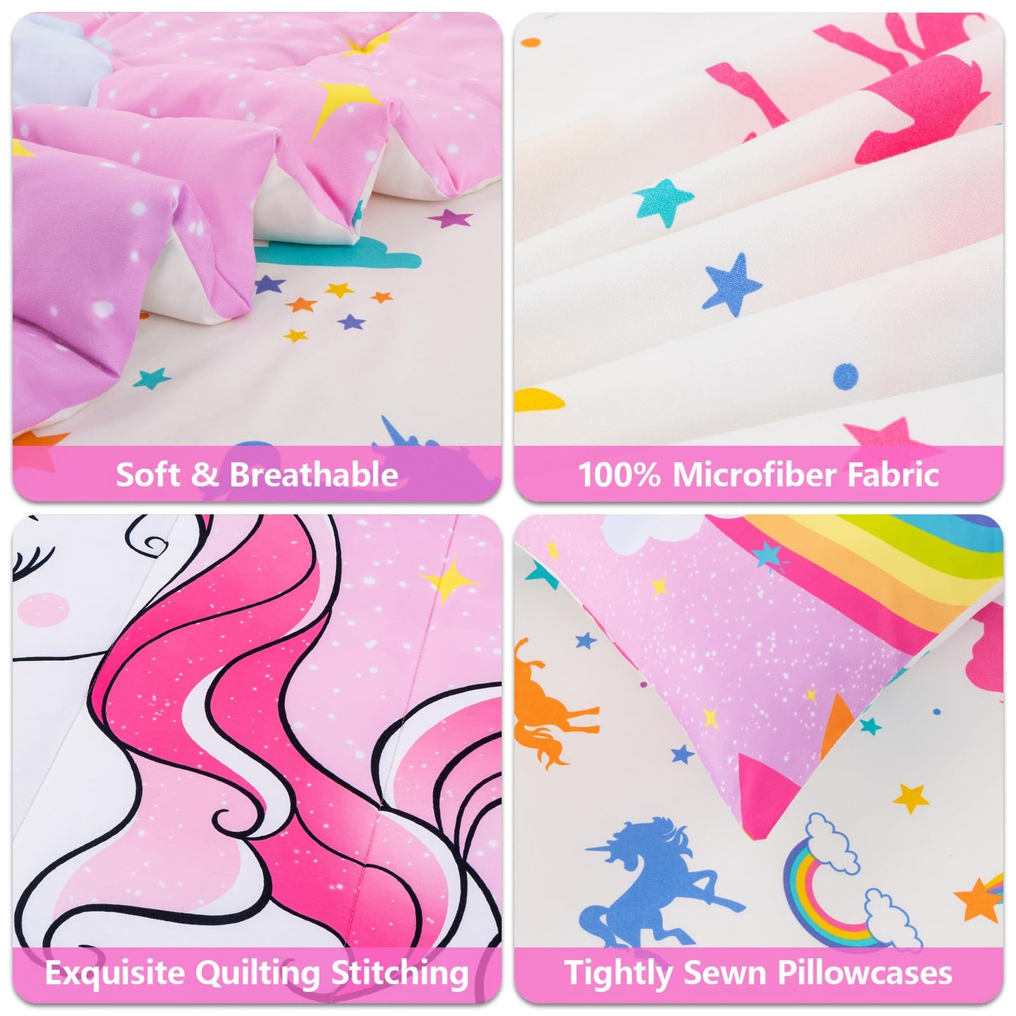 Keyroal Unicorn Twin Bedding Sets for Girls Kids Teens, 6 Piece Bed in a Bag Purple Rainbow Theme Unicorn Comforter Set Bedroom Decor with Printed Sheet Set