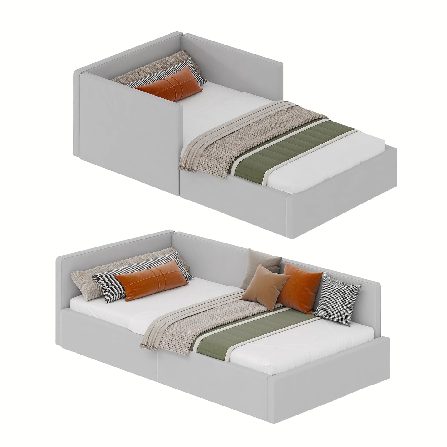 GarveeHome Twin Daybed with Bed Rails, Velvet Upholstered Corner Bed Frame with Headboard, Modern Kids Bed with Guardrail for Living Room, Bedroom, Easy Assembly, Light Grey