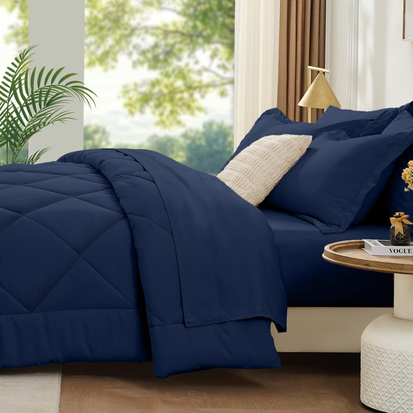FUANNA 7 Pieces Queen Comforter Set, All Season Bed in a Bag Queen Size, Luxury Soft Bedding Sets with Comforter, Flat Sheet, Fitted Sheet, Pillowcases & Pillow Shams, Navy Blue