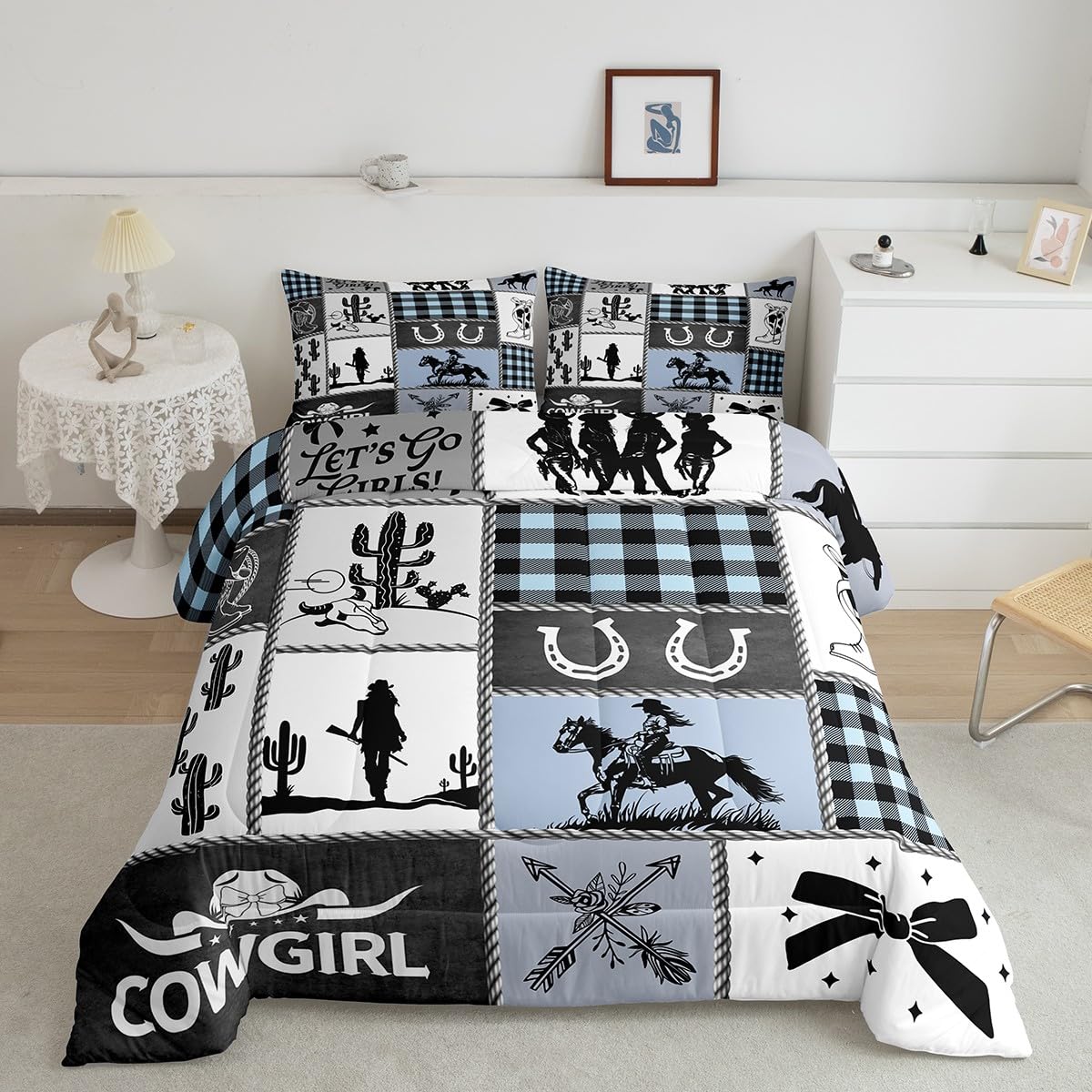 Western Cowgirl Girly Comforter Set Queen Size,Cactus Horseshoe Cow Skull Bow Bedding Set,Girls Women Room Decor,Cowgirl Boot Geometric Plaids Down Comforter,Blue Rustic Duvet Insert,2 Pillowcases