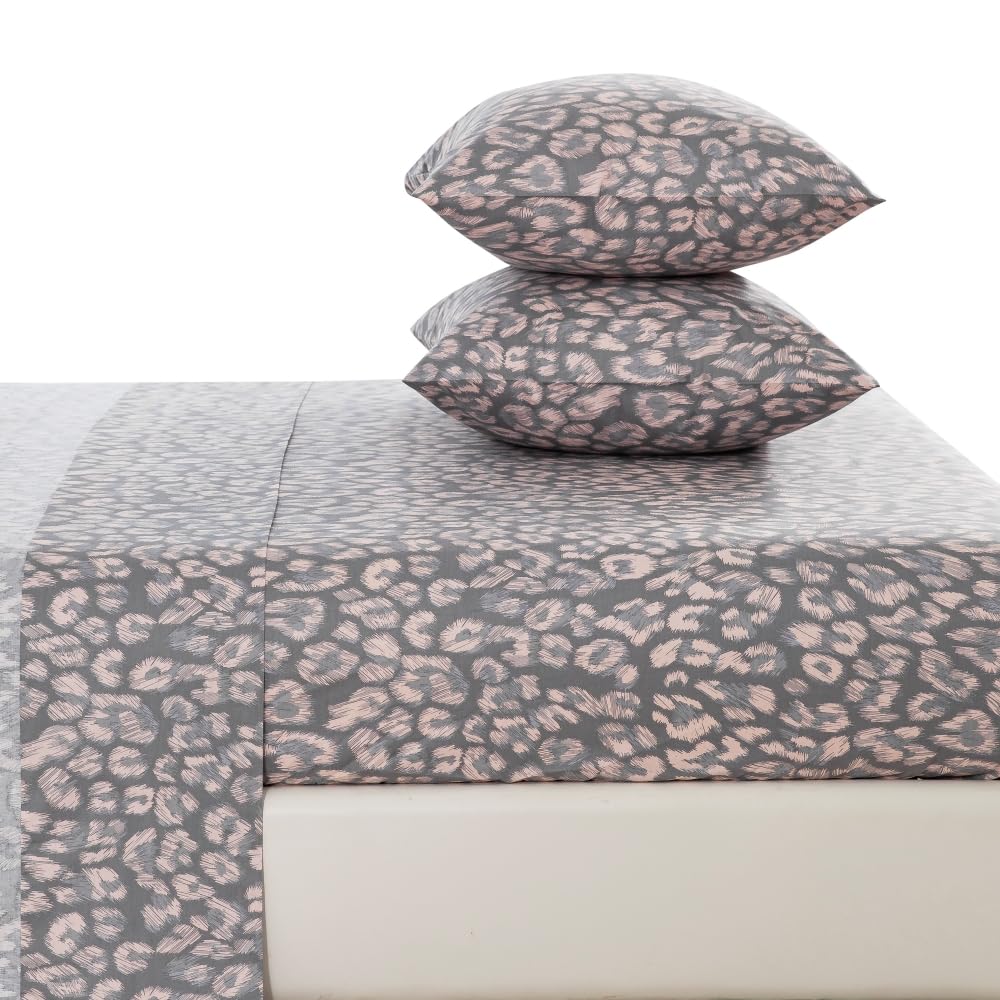 DAUAOTO Queen Size Printed Sheets Set, 100% Cotton Bedding Sets, Up to 14" Deep Mattress, Modern Pattern Bedlinen Set, Leopard Gray