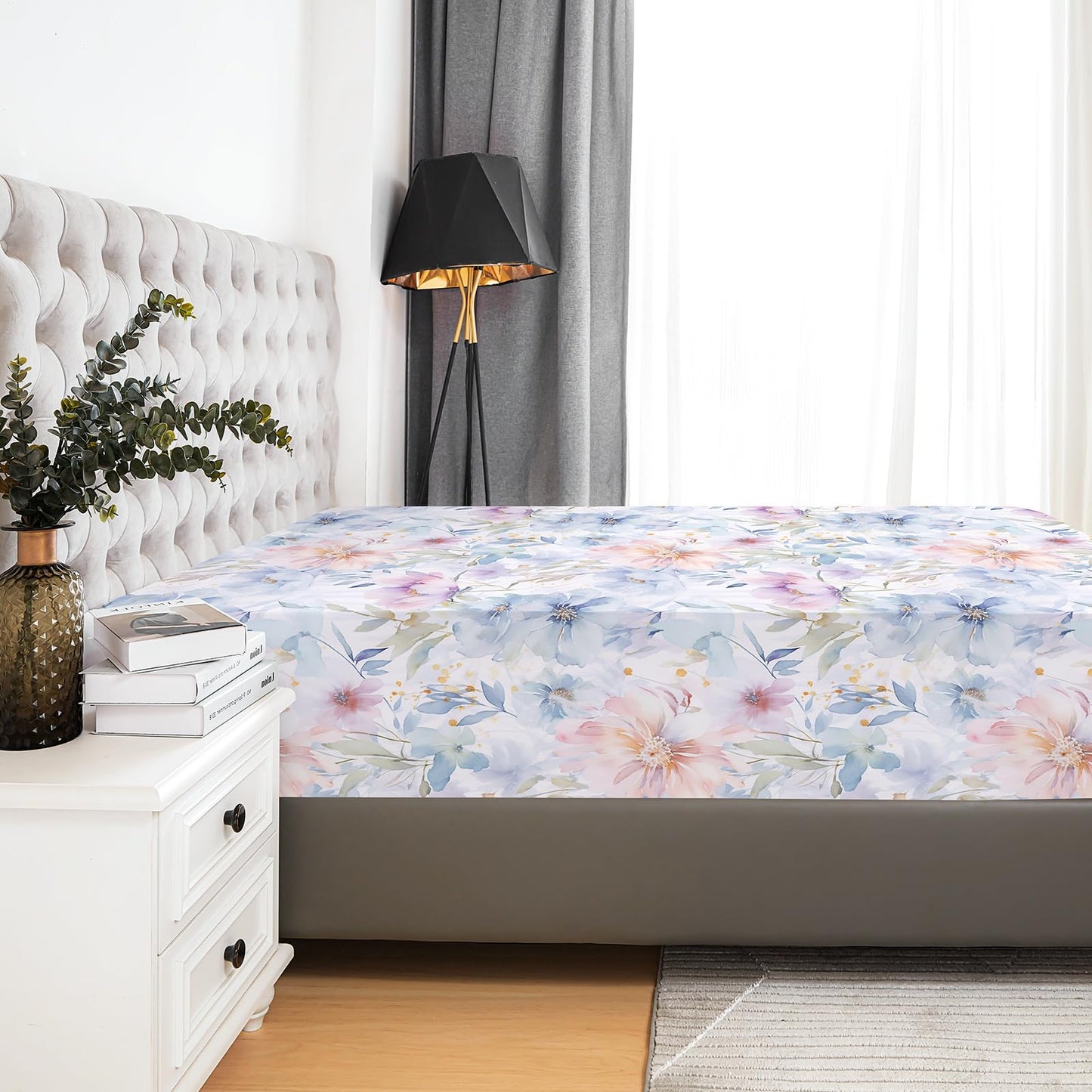 YIYEA Floral Fitted Sheet Only, Premium Double Brushed Microfiber Deep Pocket Fitted Sheet Queen Size, Ultra Soft Fitted Bottom Sheet, Shrinkage, Fade Resistant, Queen
