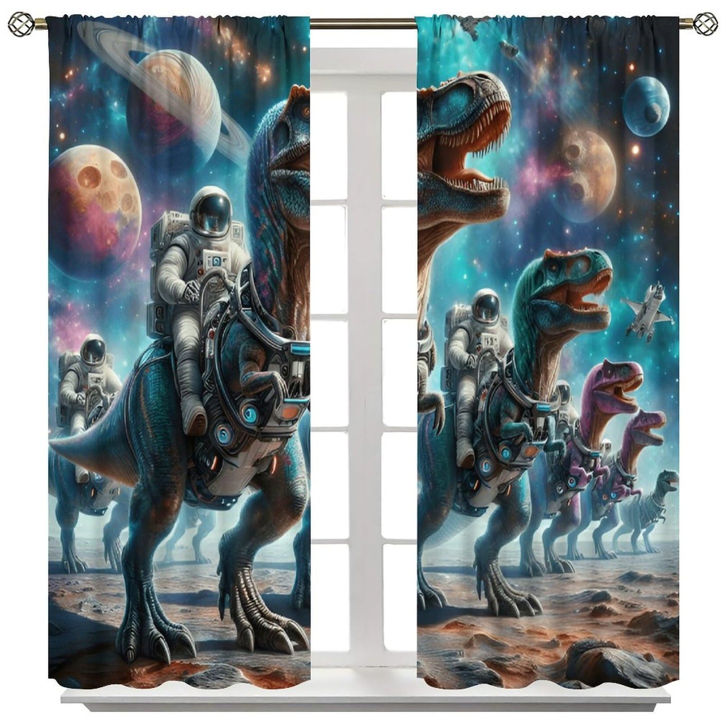 LOMADIA Dinosaur Kids Curtains, Starry Sky Astronaut Blackout Curtain, Star Dino Pattern Window Treatments Drapes for Nursery Boys Girl Bedroom Children Room Decor 21" W x 45" L (Pack of 2)