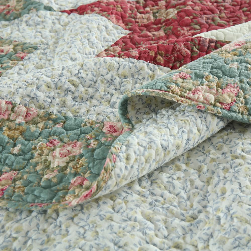 camandy Cotton Bedspread Quilt Bedding Sets, 3 Pieces Reversible Coverlets Comforters Star with Red Floral Real Patchwork Bedspread,Queen Size