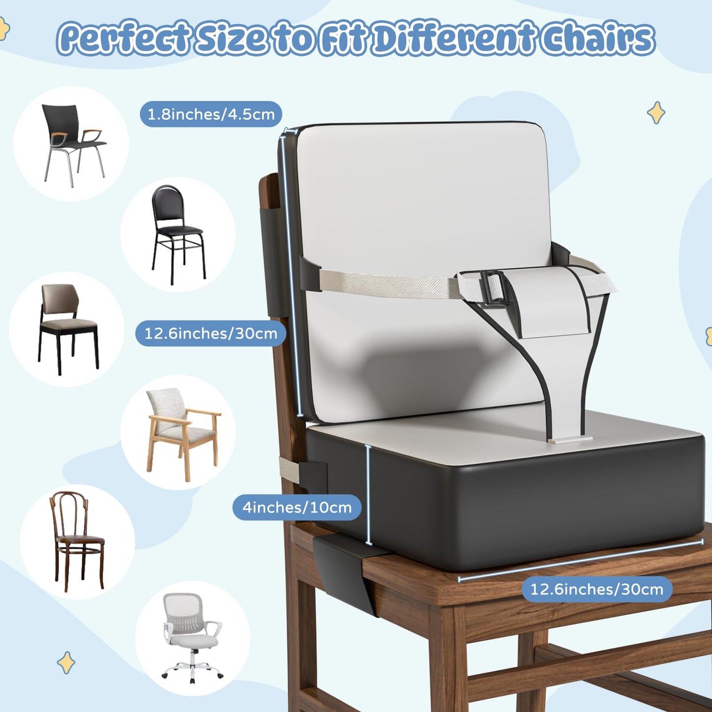 Booster Seat for Kitchen Chair, Toddler Booster Seat for Dining Table with Backrest & Safety Buckles, Non-Slip Portable Dining Seat, High Chair Alternative for Home & Travel