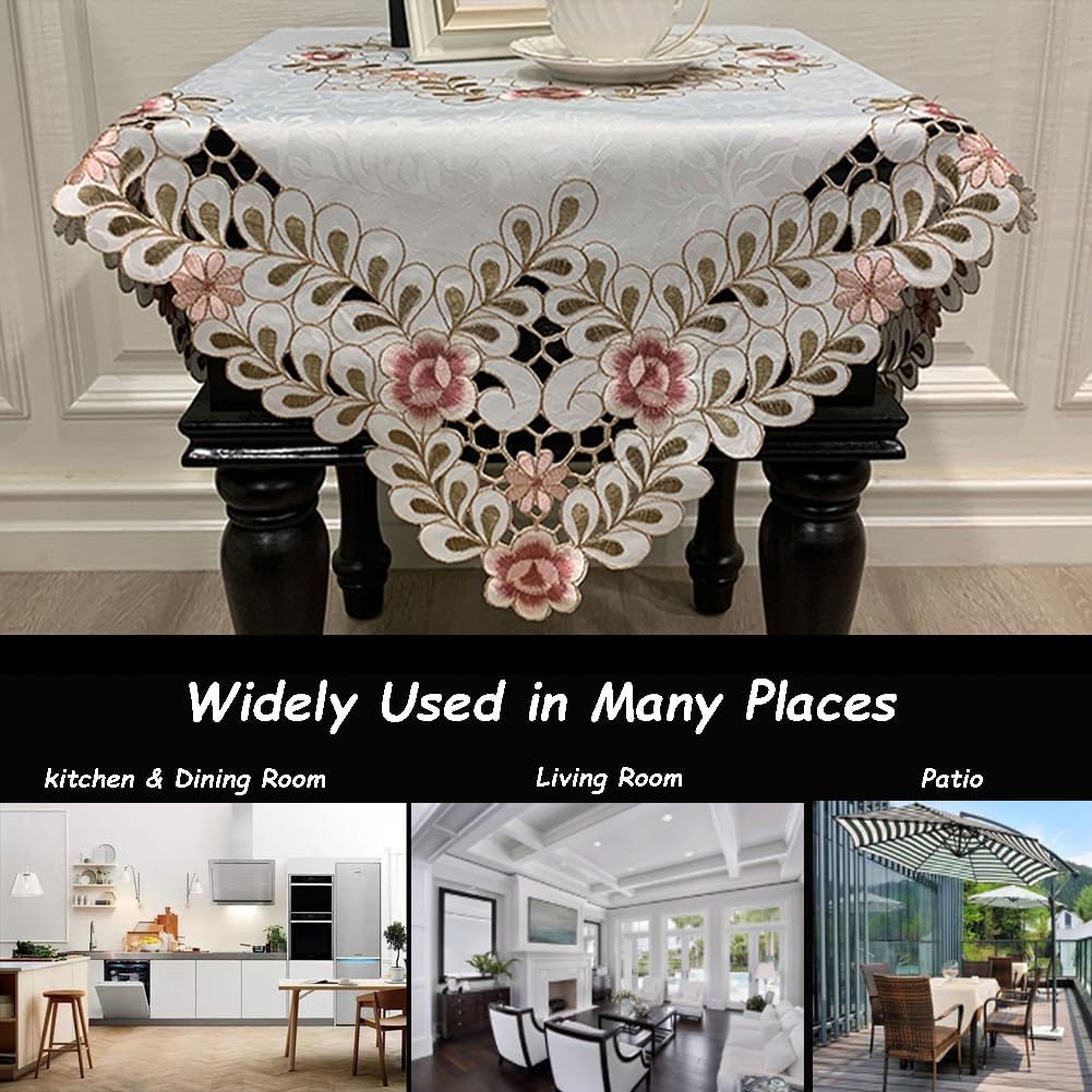 MULBESS Flower Embroidered Lace Tablecloth Damask Dust-Proof Table Cloth Fabric Table Cover for Kitchen Dinner Picnic Outdoor and Indoor Home Decor (Rectangle/Oblong, 33 x 60 inch)