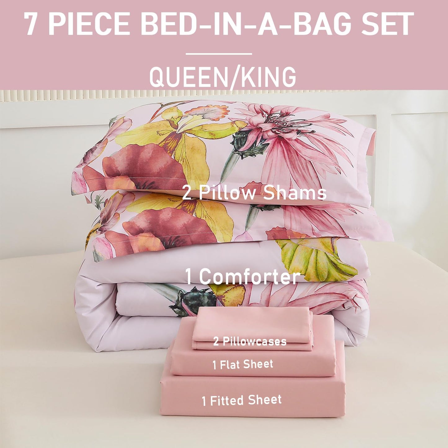 Yogeneg Queen Comforter Set 7 Piece Bed in a Bag,Elegant Floral Botanical Pattern Pink Bedding Set,Soft Microfiber Comforter with Sheet Set,All Season Bed Set(Blush Floral,Queen)